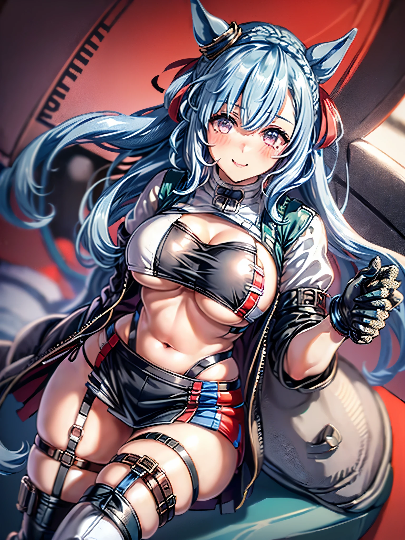 (8k, best quality, masterpiece:1.2), ultra-detailed, (high brightness:1.3), (high contrast:1.1), (high saturation:1.1), (anime screencap:1.20), 1girl, ((solo:1.20)), (mejiro ardan \(umamusume\))), ((animal ears, horse ears, horse girl, horse tail)), ((long hair:1.10)), ((light blue hair:1.5)), ((((hair ornament:1.5)), (ear ornament:1.3), cute, ((Detailed details eyes:1.5)), cute, (red blush:1.5), (((((race queen:1.10))))), skirt, ((blue skirt:1.10)), ((white jacket:1.10)), ((boots:1.10)), (gloves, black gloves), jacket, midriff, ((full body:1.20)), breasts, thigh boots, navel, half gloves, cropped jacket, ((high heel boots:1.10)), ((white footwear)), jacket removed, ((thighhighs:1.10)), planted, high heels, ((thigh strap:1.5)), (((saggy large breasts:1.20))), (((cleavage:1.20))), ((miniskirt:1.20)), ((cute smile, happy)), (((bandeau:1.20))), standing, holding, ((crop top:1.10)), (((puffy nipplse:1.20))), (((large areola:1.10))), (((show panties:1.20))), (((white highleg panties:1.20))), (((underboob:1.20))),