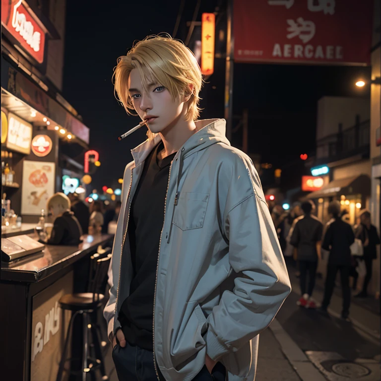 handsome, anime young man, blonde hair, blue eyes, smoking cigarette outside a bar at night, wearing baggy clothes
