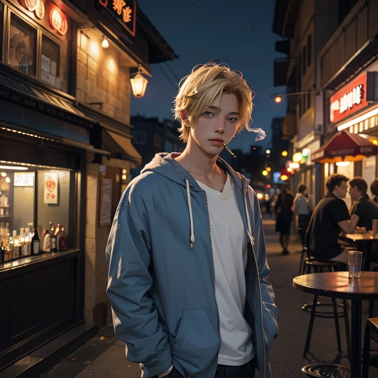 handsome, anime young man, blonde hair, blue eyes, smoking cigarette outside a bar at night, wearing baggy clothes