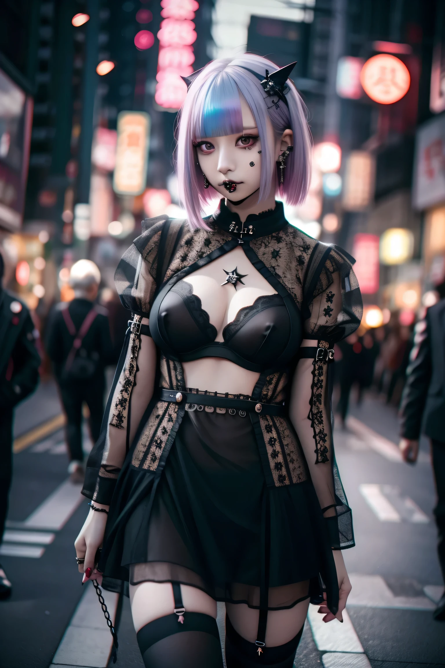 Redhead、Goth_punk, One Girl, alone, Medium Shot, Walking around Harajuku, ((at night)), Bokeh Depth of Field, Neon Light, Rainbow Eyes, Starry Sky, Red glowing hair, White eyebrows, Shiny Hair, (Iridescent white hair), Earrings, Bans, gem, BallGag, Blunt bangs, Veld's Eye, Mouth Ball Gag, Blurred background, Blurred, hair ornaments, Look at the viewers, short hair, Portraiture, Side Lock,((Sex Establishments, Soapland)),BDSM,((Women's Cheongsam Collar Short Sleeve Dress)),,((A thin, see-through))tight-fitting Underwear with straps)),((She was unaware that her nipples were showing through her Underwear set with stockings)),