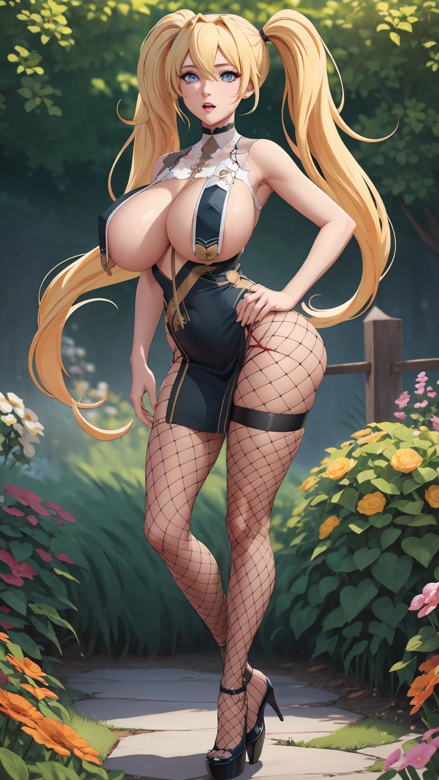 masterpiece, best quality, extremely detail 8k cg, high resolution, 1girl, narukouzumaki, twintails, wisker marks, blonde hair, blue eyes, perfect eyes, choker, breast curtains, china dress, pelvic curtains, fishnet pantyhose, high heels, huge breasts, outdoors, garden, standing, beautiful face, wide shot photo, full body