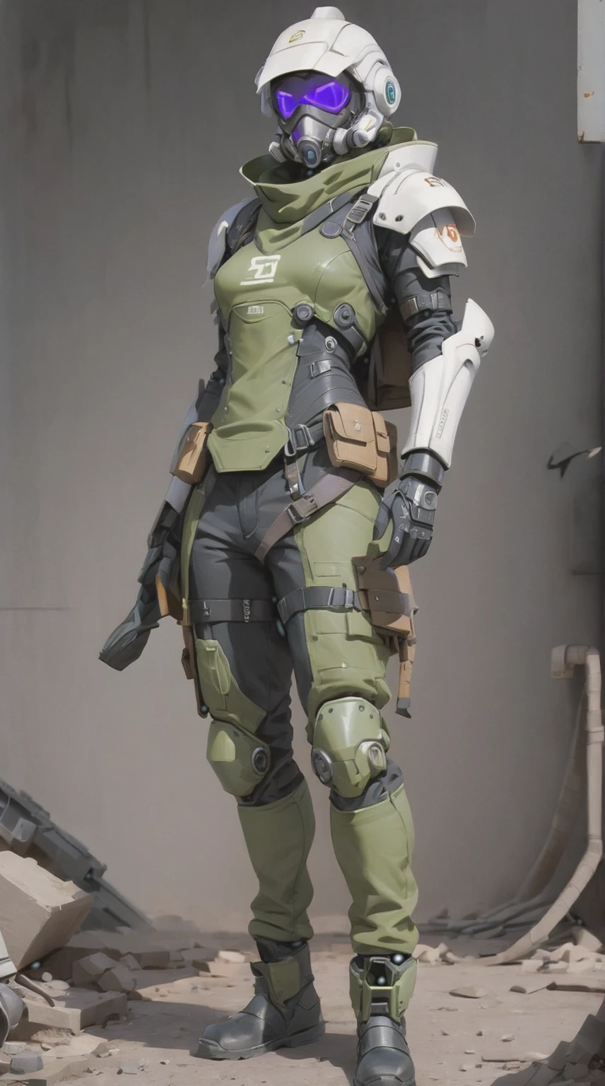 A post-apocalyptic style male survivor, has a white sci-fi helmet sallet, a respirator under the helmet, a closed trench coat, an arm with a black and purple sci-fi gauntlet, knee high boots, black pants, and three layers of torn olive green ponchos, style fallout, Un oc de estilo post apocalyptico, tiene un casco sci-fi inspirado en el Sallet, un respirador bajo el casco, una gabardina cerrada, un brazo con un guantelete sci-fi, botas, pantalones, y tres capas de tela ponchos rasgados, estilo fallout, power armor, male, sci-fi soldier, sci-fi, white helmet, purple visor, olive green coat, white shoulder armor, olive green tunic, post apocalyptic sci fi soldier