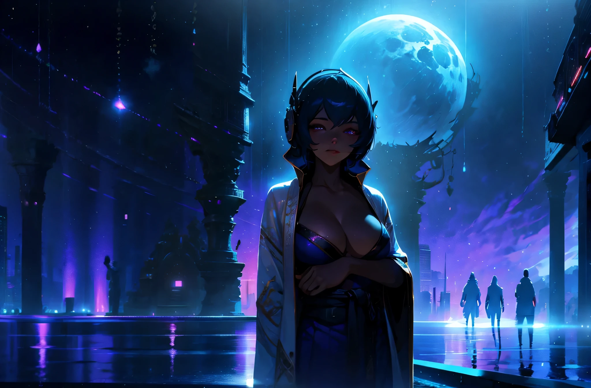A woman wearing a bathrobe and headphones is lying by the pool、A beautiful night view behind、big breasts、sexy、Indoor pool with a night view、moonlight、exposed、half naked、Downlight、full moon、Stylish interior、Ruby Eye