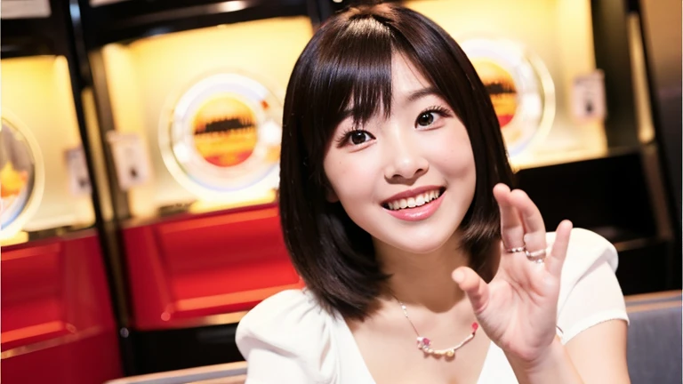 Game center, professional gamer, ((full body)), ((photo)), ((best qualtiy, 8K, tmasterpiece: 1.3)), Focus: 1.2, perfect figure beautiful girl: 1.4, 1girl, cowboy shot, look at viewer, eyes facing the camera, incredibly absurd, beautiful and cute girl with a photorealistic face, showcasing top-quality craftsmanship, A Japanese girl playing games at an arcade, 17 years old, with a bob cut, silky black hair, bangs cut at an angle to reveal her right eye, large eyes, a soft smile, tanned skin, thin and well-formed eyebrows, straight nose with a rounded tip, thin lips but a healthy, natural pink colour, small ears with pierced ears, a slender neck with a sharp jawline, a small face with well-formed facial features, fair, fine, translucent skin, long eyelashes that make the eye makeup stand out, eyes that are powerful but also kind, Well-aligned, white teeth, healthy, shiny skin and hair, friendly expression, , slender, well-balanced proportions, good posture, beautiful C-cup breasts, white character T-shirt, blue denim jacket, yellow shorts, white sneakers, silver earrings, tote bag with game character illustration printed on it, beautiful girl, moe, devilish type, sociable and easy to talk to, values ​​teamwork, curious and adventurous, has a sense of humor, July