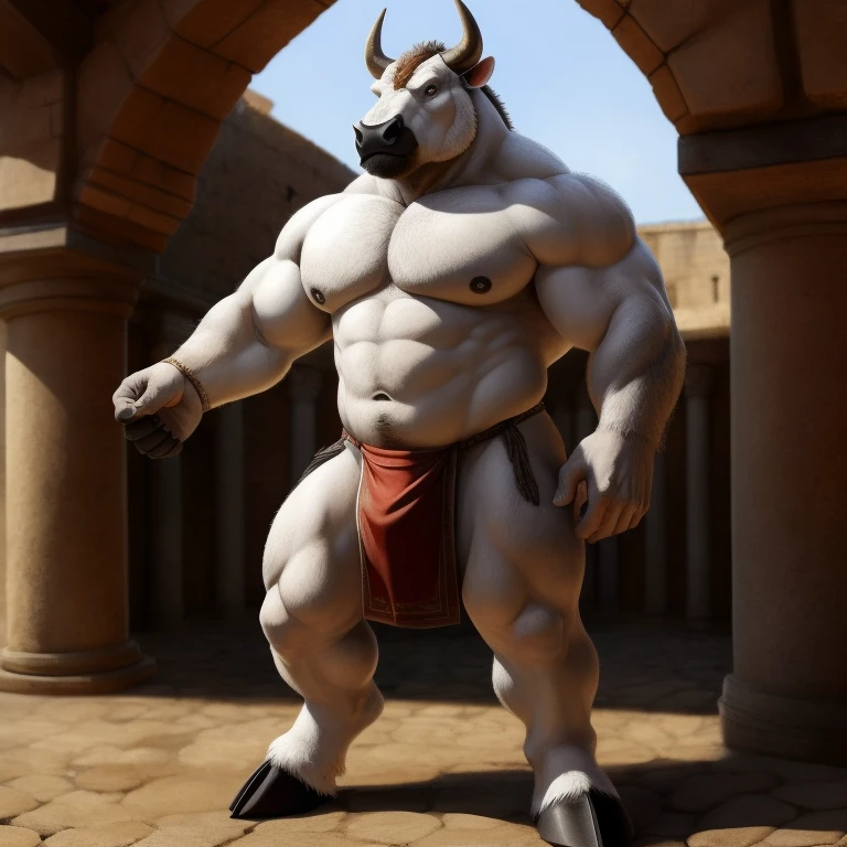 Furry, Semental, Antro, BULL Black, Tight loincloth white, hooves, medieval, Furry Black, Solo, Cuerpo Completo, Toro, Tight fundoshi white, bulto macho, Bolas , Fondo Coliseo Romano, Fundoshi Color Blanco Ajustado, Detallado, Gran Calidad, Realista