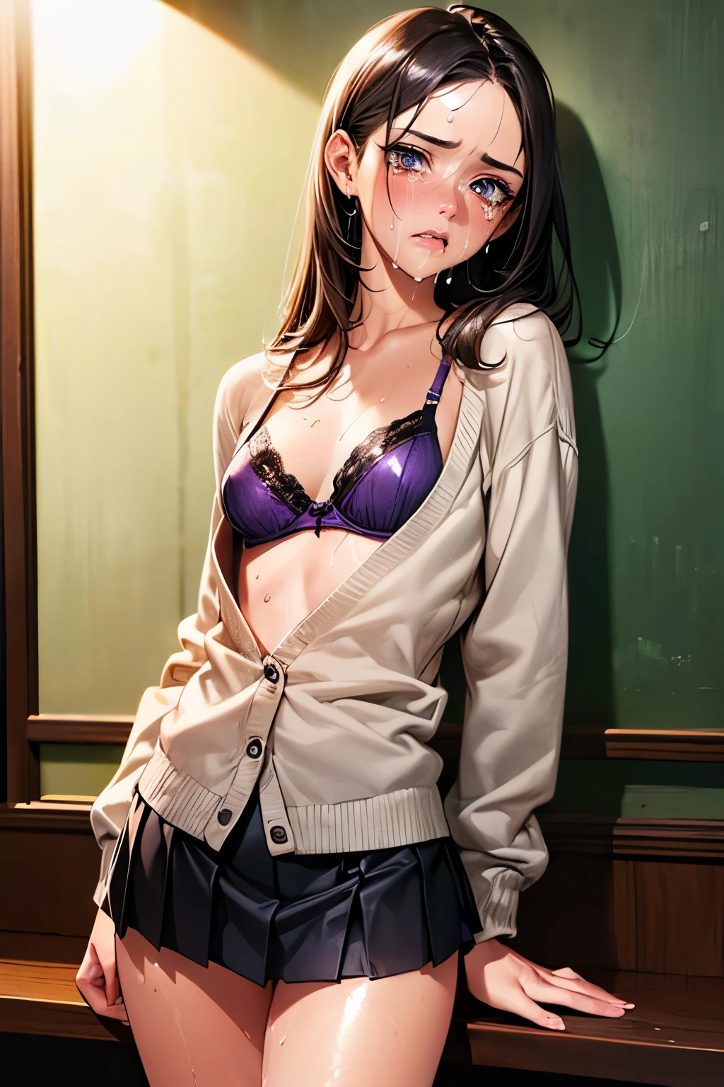 nsfw,((after rape)),((perfect anatomy,realistic:1.3,RAW Photography:1.3,masterpiece、highest quality、Ultra - High resolution、High resolution、Highly detailed CG、8K)),cowboy shot,1 female,solo、high school girl、18 year old beautiful girl,Japanese,((beautiful detailed face and eyes:1.3,big gorgeous eyes:1.5,gray eyes,sad,crying,drooling)),black hair,long bob hair,(center parted hair,forehead),(medium breasts,slender body:1.3,small head:1.4,skinny),((oily skin)),(gleaming skin,shiny skin,sweat:1.5),((white cardigan、Red Bra))、(pleated mini skirt),((bukkake:1.6,vagina)),spread legs:1.5,on street,Neon lights、at night、Tokyo、