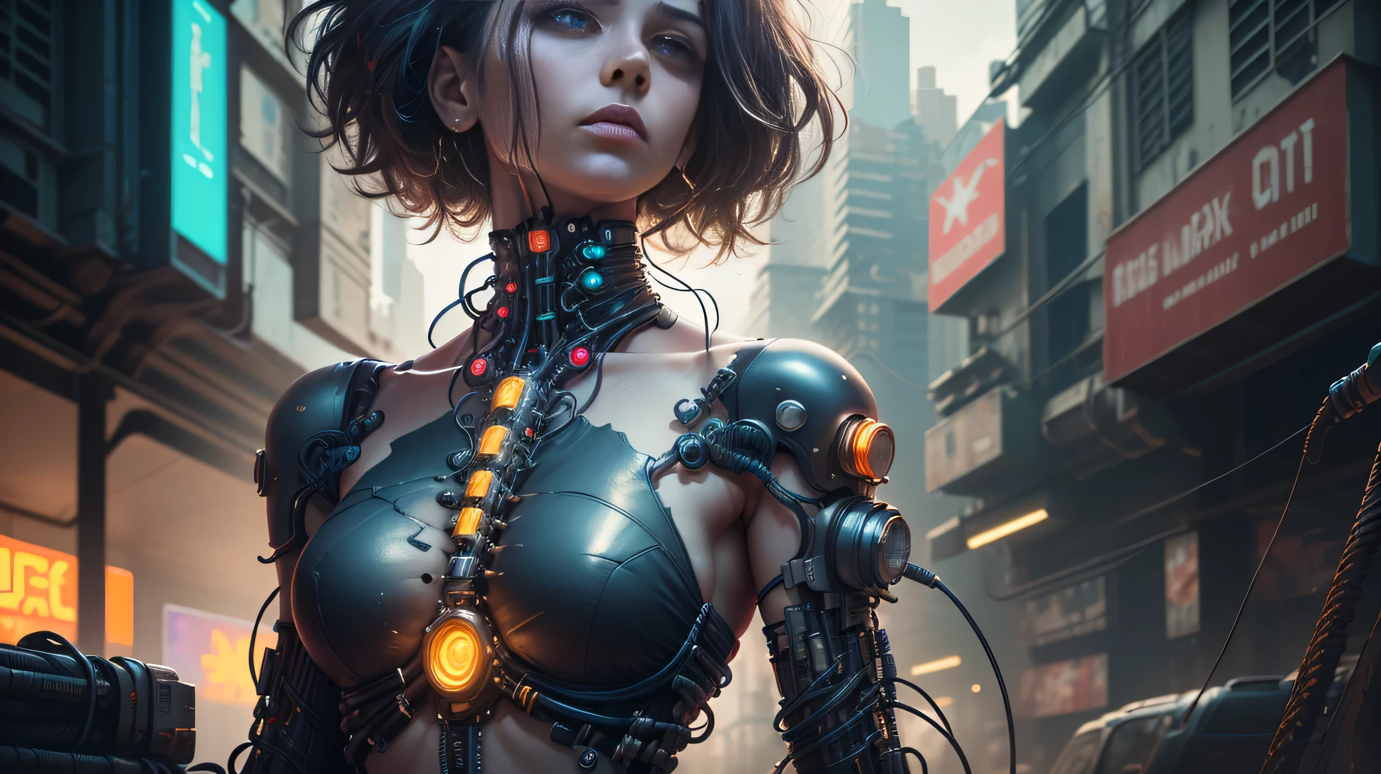 masterpiece, best quality, 2 ((smiling)) cyberpunk girls standing together, Harajuku-inspired cyberpunk body harness, body tattoo, bold colors and patterns, eye-catching accessories, trendy and innovative hairstyle, dazzling Cyberpunk cityscape, skyscrapers, neon signs, LED lights, bright and vivid color scheme, anime, illustration, detailed skin texture, detailed cloth texture, beautiful detailed face, intricate details, ultra detailed, cinematic lighting, dark shadows.