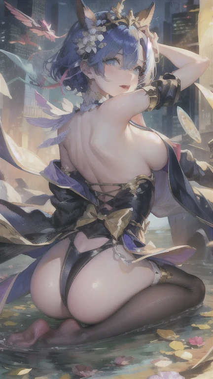 (masterpiece, highest quality:1.2), One Girl, alone,blonde、Upper body naked、Mid-chest、Black Knee High、Blue Hair、Nipple erection、Raise your hands and fold them behind your back、Drooling from the mouth、Half naked、Stand up and lift your legs、squint、Optical illusion、detailed、stand up、Standing on one leg、Lift your legs、whole body、whole、Lift your legs straight up、Put one foot on the ground、Blue Hair, Againm \(Again:zero\), [smile], blush, city,, masterpiece, highest quality, Perfect lighting, One girl, skirt, medium bAgainasts, masterpiece, Highest_quality, 1 person, solo, Hips, Big Ass, From the back, Light blue hair、Short hair、blue eyes、Againmu(Again:zero)、Drooling from the mouth、Open your mouth、Sticking out tongue