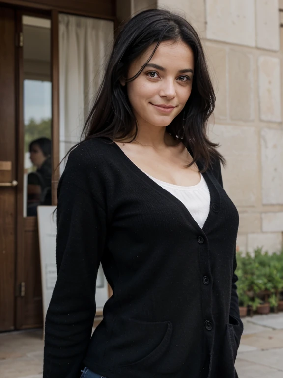 Jeune femme dans la vingtaine,American, completely black hair, yeux completement noir, ne sourit pas, taches de rousseur visible et teint pale