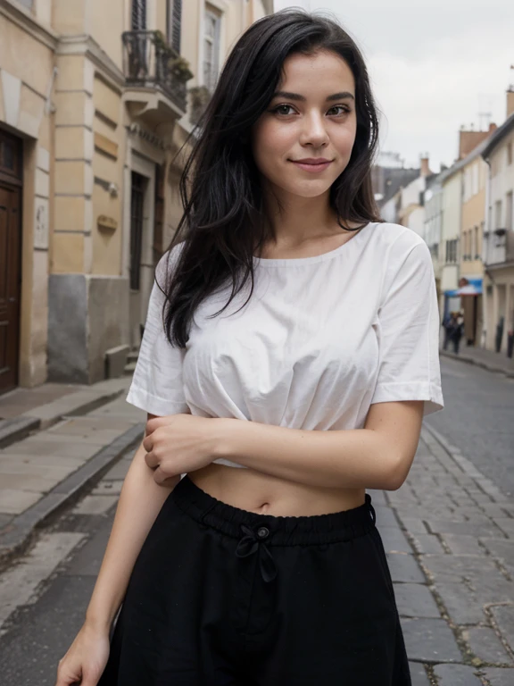 Jeune femme dans la vingtaine,American, completely black hair, yeux completement noir, ne sourit pas, taches de rousseur visible et teint pale