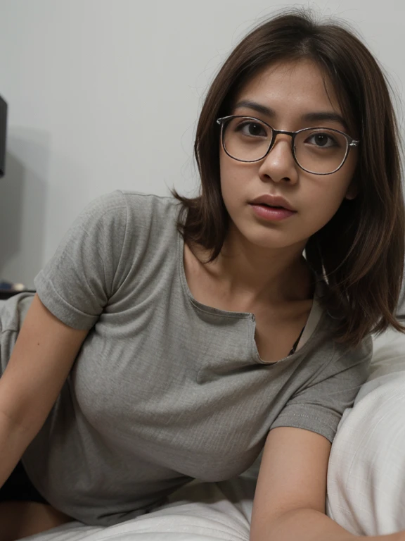 Zahra Ayu 23 years old 160cm 45kg, wearing grey t-shirt, (((shaggy breast))), clothes as if raped, indonesian woman, laying in a bed, big perfect , scary crying expression. Scary pose, Scary face. Wearing glasses. Bra is raped.