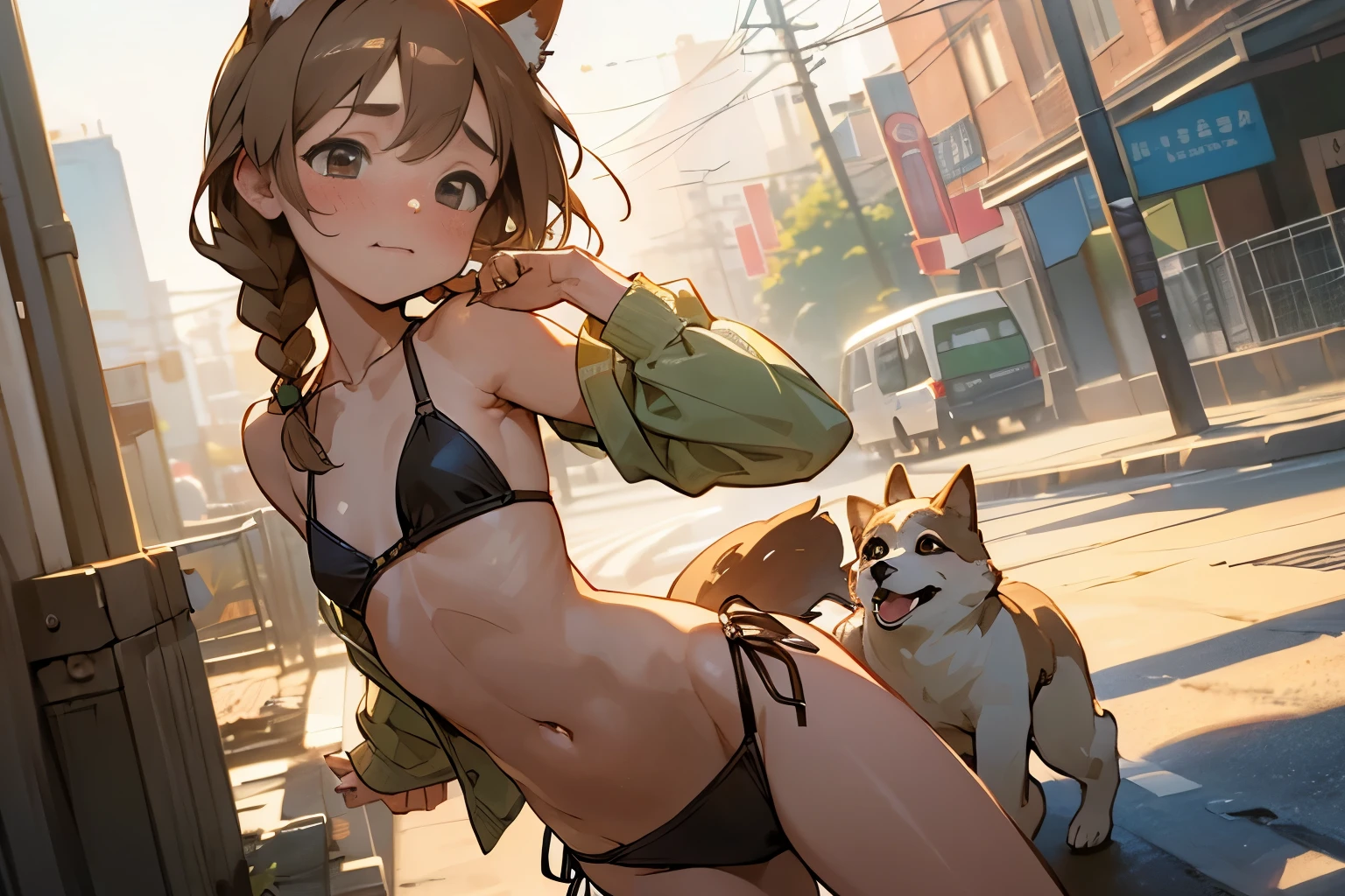 (Two braids, very shy and blush face, Best Quality), ((Masterpiece)), (High Definition:1.3), Beautiful,(Masterpiece), Realistic, sprkle, Beautiful photo, wide-shot, dirty street、1girl, dance, Slender small breasts、dog ears, light brown hair、Cute Beautiful Girl、Small Bikini