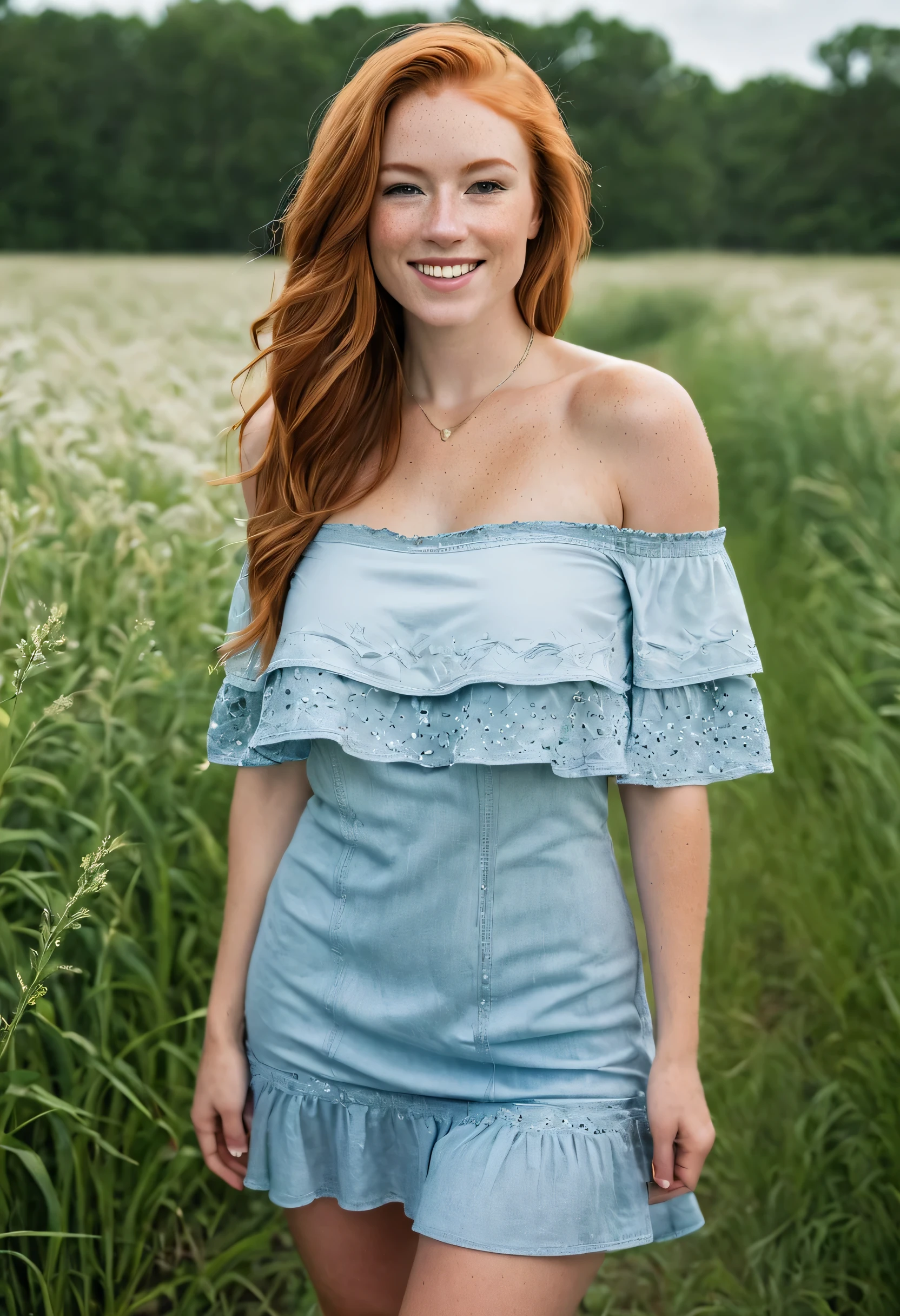 a 25-year-old ginger woman 5ft 6inch tall, whose beauty radiantly captivates the lens in a highly upscale and professionally retouched full-length image. Showcasing accurate facial and body details reflective of real-life, she exudes allure in a casual pose at a walking the prairie. Adding to her unique charm, shoulder length hair, freckles on face, sassy smile, pale skin tone, tan lines, large breasts (D-cup breasts) average runners body, four pack abs, full body, (textured skin, skin pores:1.1), (moles:0.8), imperfect skin, goosebumps, average runners body, four pack abs, full body, large breasts (D-cup breasts), (textured skin, skin pores:1.1), (moles:0.8), imperfect skin, goosebumps, freckles on chest, freckles on arms, freckles on face, freckles on shoulders, freckles on back, freckles on thighs, some freckles on stomach, Clad in Shyanne Women's Off The Shoulder Hi Lo Dress Body: 100% rayon ; Embroidery: 100% polyester, Off the shoulder styling with ruffle design, Smocked waistline, Two tiered skirt design with high-low hem, Embroidery with eyelets and lace inset panels throughout, Mini length slip, Solid white design, Willow Platform Sneakers, Chunky platform bottom, Lace up detail, Denim material, earnings and necklace, shoulder length wavy hair (extremely detailed 8k wallpaper), natural lighting, high quality, film grain, Fujifilm X-T30, f 5.6, 50mm, High Detail, Sharp focus, (natural light), (seductive)