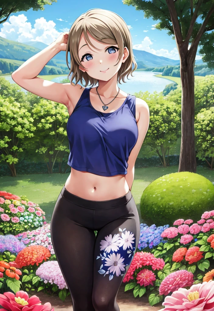 1 girl,watanabe you,,, short hair,, blue eyes,,  , full body,  flowers printed tank top, yoga pants,solo, curvy body,floral print, looking to the side, confident, seductive smile, (arms behind back, head tilt:1.1), heart pendant,perfect lighting, perfect shadows, flower, (breathtaking scenery:1.1), tree, blushing full body shot, small breast