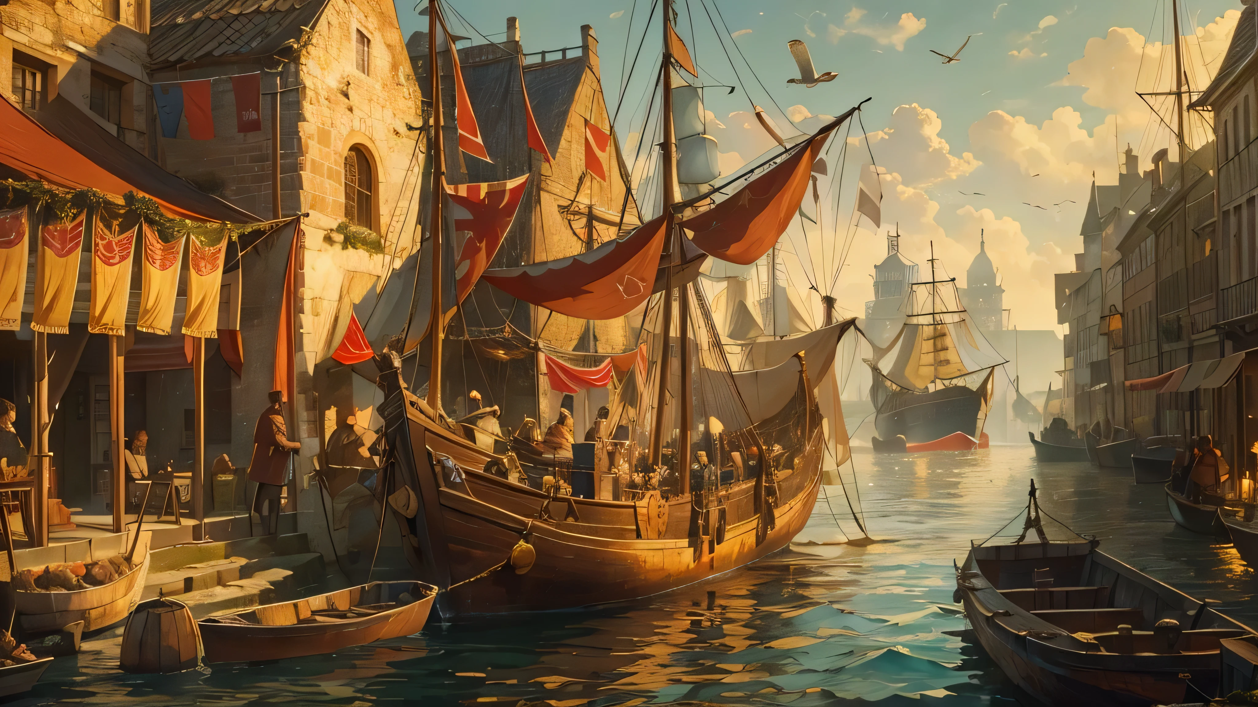 (by Greg Rutkowski: 1.2), a busy medieval port,boats and ships of various sizes and shapes,cracked wooden docks,merchants selling exotic goods,seagulls soaring overhead,barrels stacked high,musty and salty air,sailors with weathered faces,narrow cobblestone streets,bustling market stalls,bustling crowd with people of different cultures,imposing stone castle with a flag waving in the wind,glimmering sunset casting warm golden light,shimmering water reflecting the vibrant colors of the buildings,tantalizing smells of freshly caught fish,whispering wind carrying tales of distant lands,salty sea breeze teasing the senses,(best quality,4k,8k,highres,masterpiece:1.2),ultra-detailed,medieval architecture,bustling harbor,portraits of the seafarers,authentic period costumes,romantic atmosphere,vibrant and rich colors,dramatic lighting.