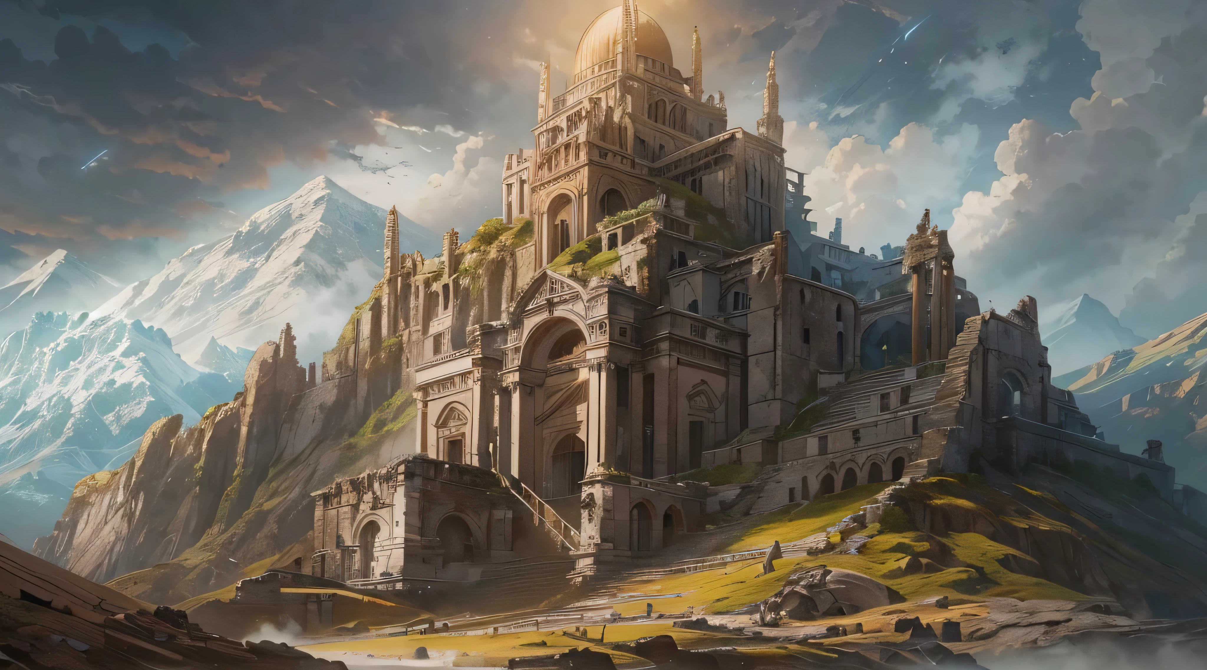 "(by Greg Rutkowski: 1.2), (masterpiece), (best quality), extremely delicate and beautiful, illustration, (fantasy landscape), depth of field, HDR, intricate, delicate, (No human presence), photorealistic depiction, live action feel, creating a visual masterpiece with the best possible quality. (Highlighting the majestic ruins in the mountain peak, emphasizing the effects of collapse and severe weathering). Providing a distant view that captures the grandeur and atmosphere."