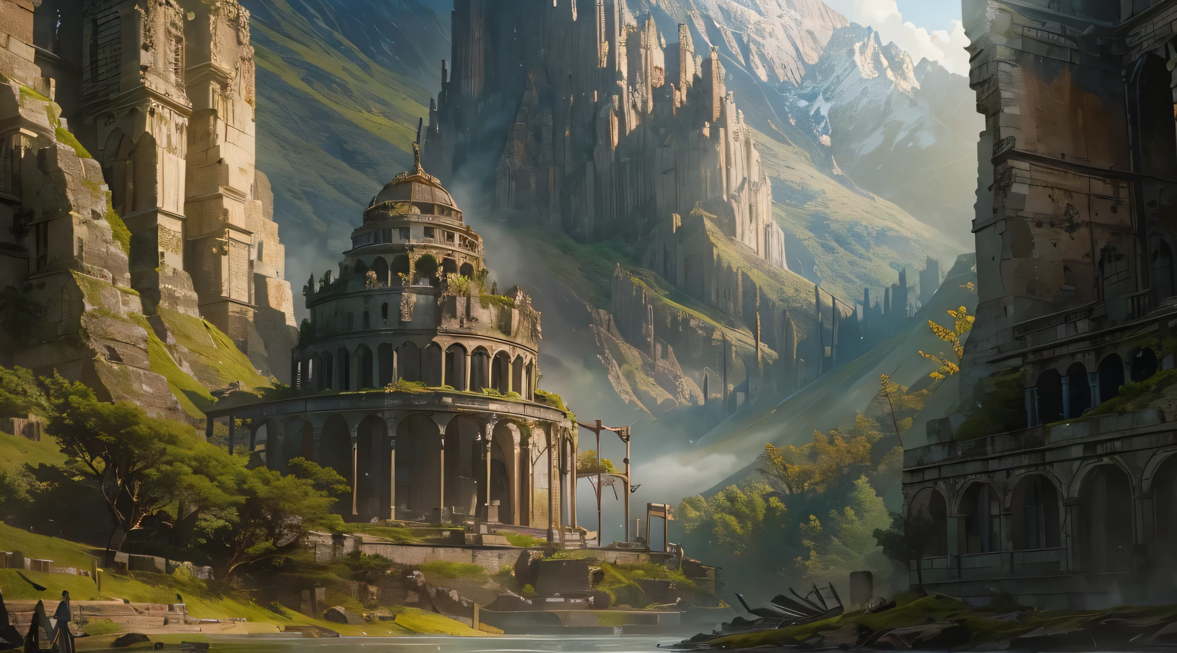 "(by Greg Rutkowski: 1.2), (masterpiece), (best quality), extremely delicate and beautiful, illustration, (fantasy landscape), depth of field, HDR, intricate, delicate, (No human presence), photorealistic depiction, live action feel, creating a visual masterpiece with the best possible quality. (Highlighting the majestic ruins in the mountain peak, emphasizing the effects of collapse and severe weathering). Providing a distant view that captures the grandeur and atmosphere."