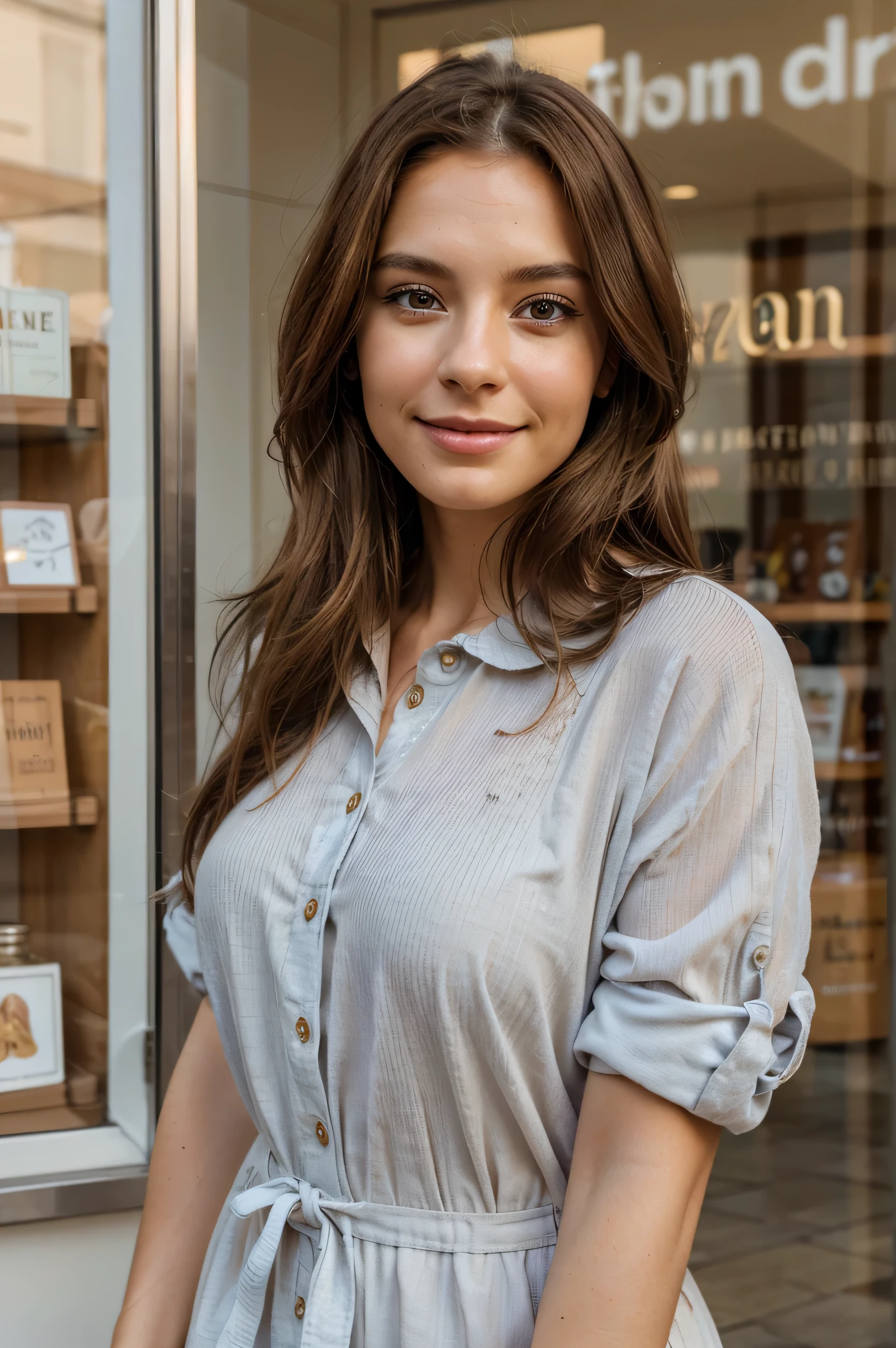 influencer style, photorealistic image, beautiful girl, 26 years old, brown hair, front locks of hair slightly lighter, light brown eyes, classy, 4k, high resolution, high quality, dimples, small wrinkles to look like a real person, white skin, french-german, natural photo, iphone selfie, discrete smile, in the street, watching the vitrine of a store, dressed nicely