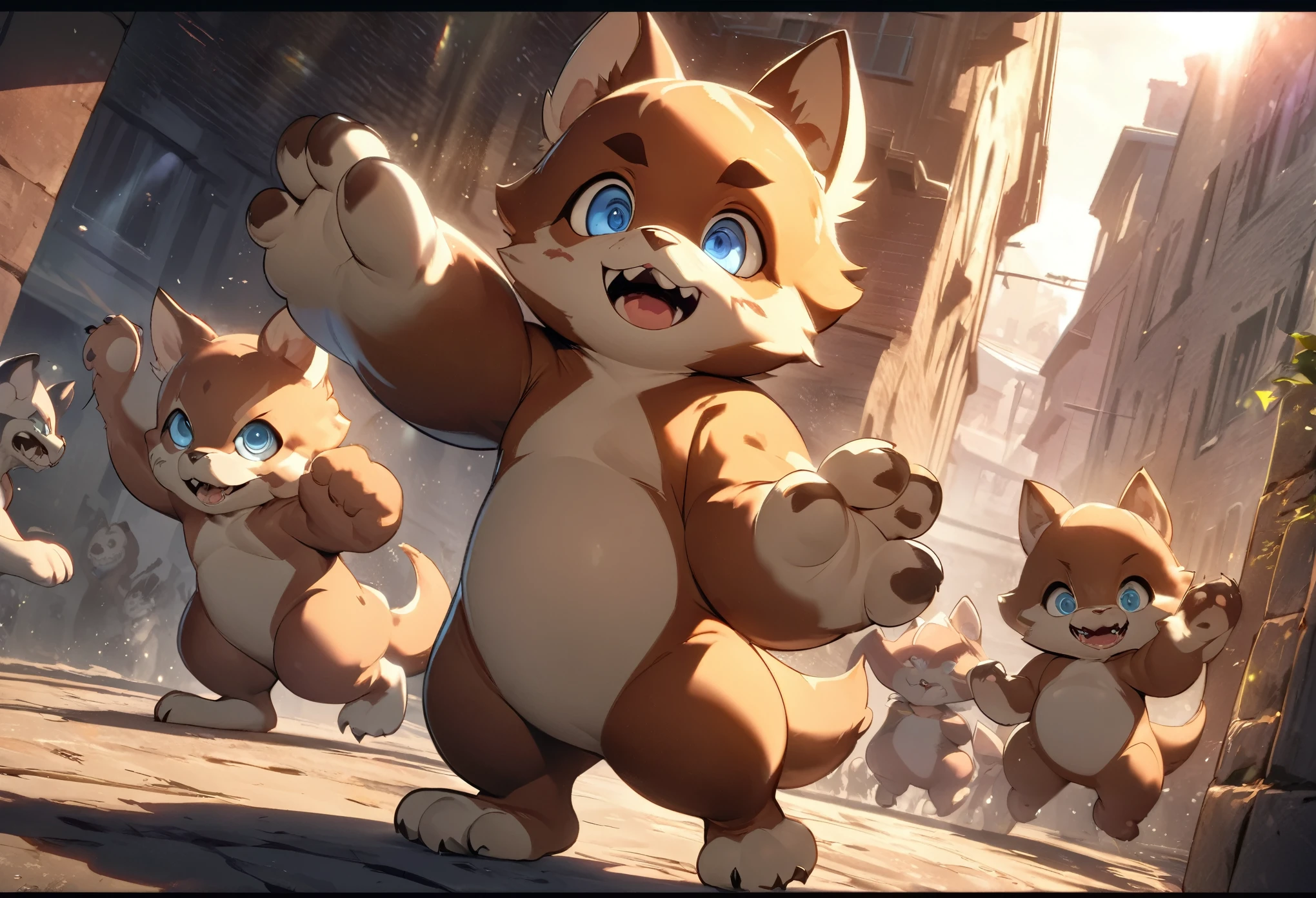 top quality, best quality, High-quality illustrations, masterpiece, super high resolution, detailed background, Back alleys((battle movie of Terrifying creatures and human child))absurdres, perfect anatomy, expression, caustics, light rays, dynamic lighting, light particles, lens flare, cinematic shadow(kemono, furry anthro)assorted poses, dynamic angle,