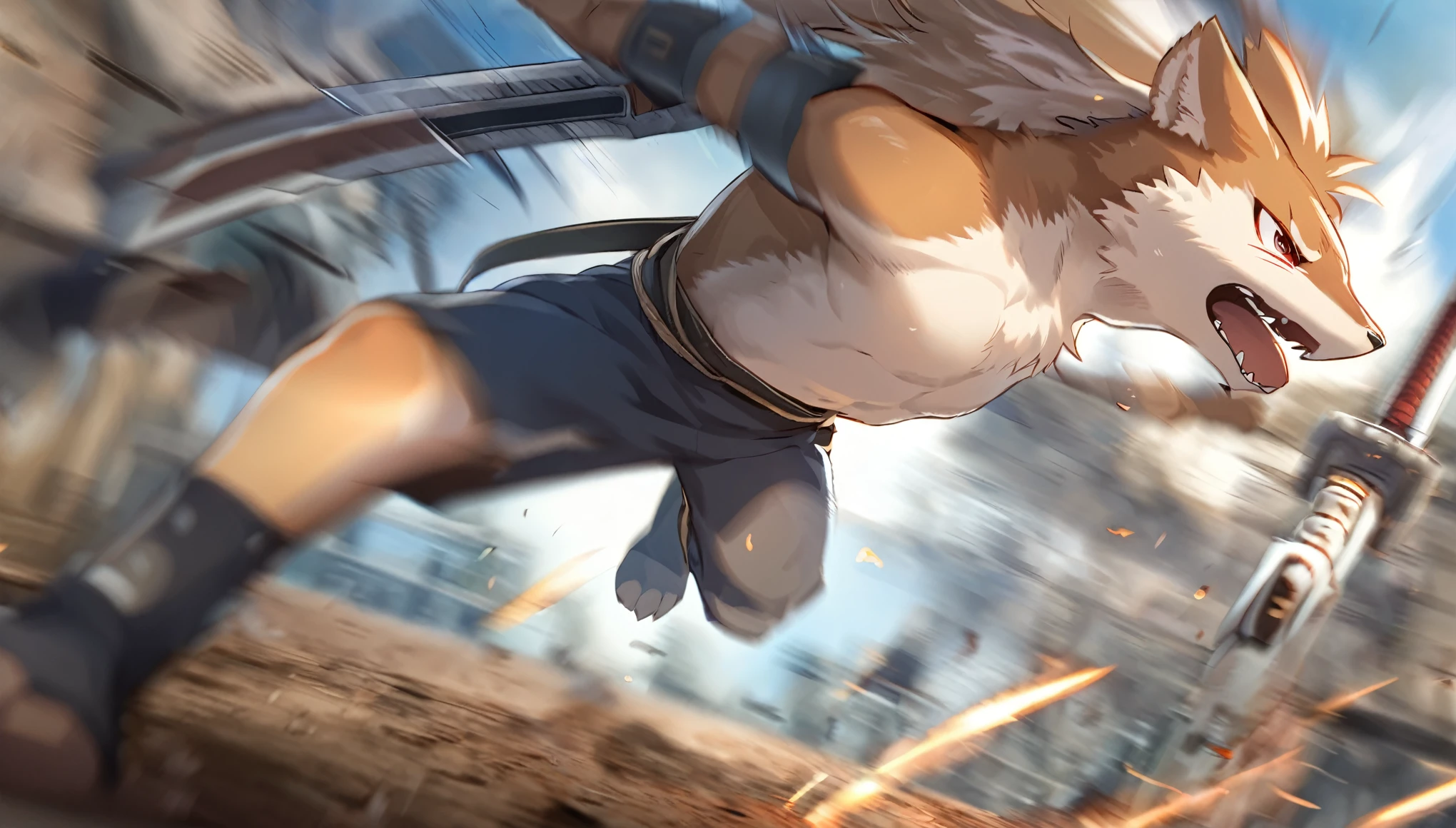 top quality, high-quality illustrations((masterpiece))depth of field, motion blur, absurdres, Perfect Anatomy, magnificent picture of kemono fighting fierce battles, kemono, 1boy, solo focus, Anthro((dramatic))epic, weapon, dynamic pose, One scene of movie,