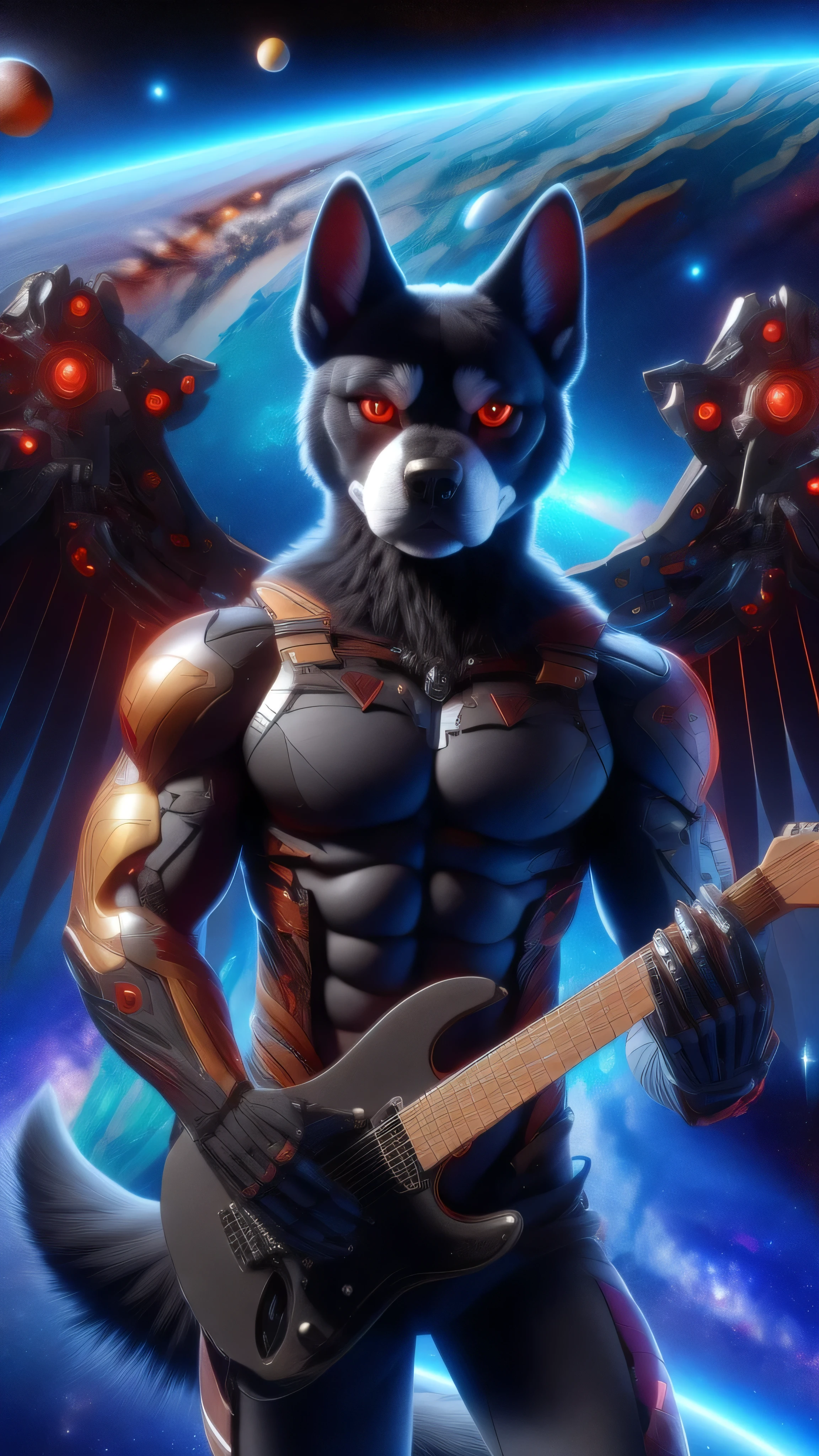 (Wolf fur coat),(Playing digital guitar),(Background of outer space and the entire Milky Way galaxy),(Red eyes),(Black wings open),(Looking at the audience with a serious expression),(Muscular sexy),(Unreal Engine 9),