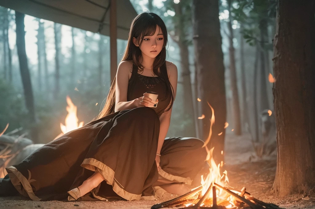 (masterpiece), (best quality), (very aesthetic), (ultra-detailed), (best illustration), realistic, motion blur, campfire, lady, sleepy, slouch, full body, from below,