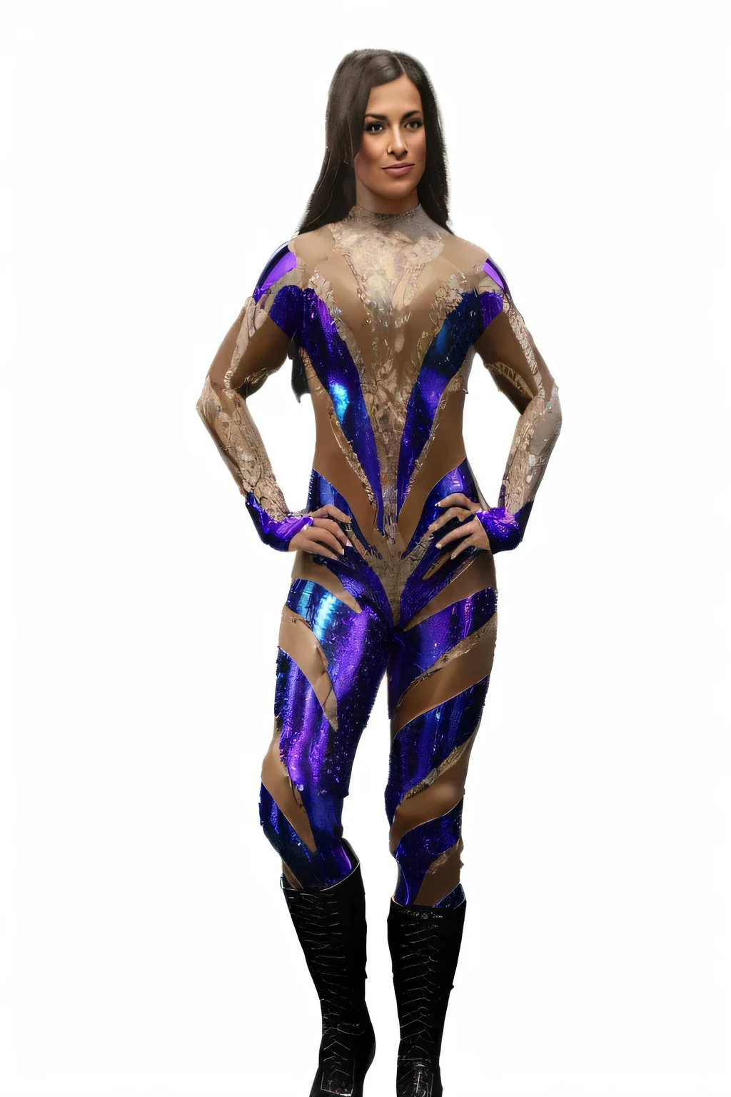 un gros plan d&#39;une femme dans un body avec un motif violet et bleu, costume holographique, party costume, accents scintillants sur la figure, body complet laserpunk, Costume aux accents bleus, energetic vari jumpsuit, metallic skin, Metallic Bronze Skin, shiny metallic glossy skin, Detailed glittering, nouveau concept de costume, porter une combinaison atompunk, 2k