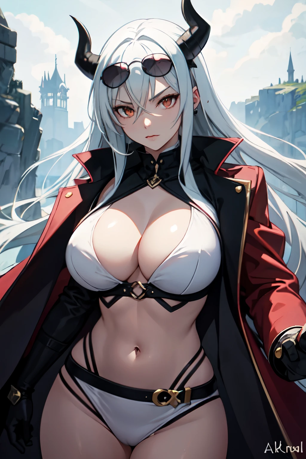 ((Best quality)), ((masterpiece)), (detailed), perfect face, fantasy character, sunglasses, tiefling, White hair, big breasts, red clothes, white eyes, horns, White skin, in blood, evil, daemon,sunglasses, evil pose, fighting pose, Dark background, Thick clothing, punk glasses, looks like Esdeath from Akame ga Kill, looks like Justice from Helltaker, punk clothes, red cloak, blind, fighting gloves