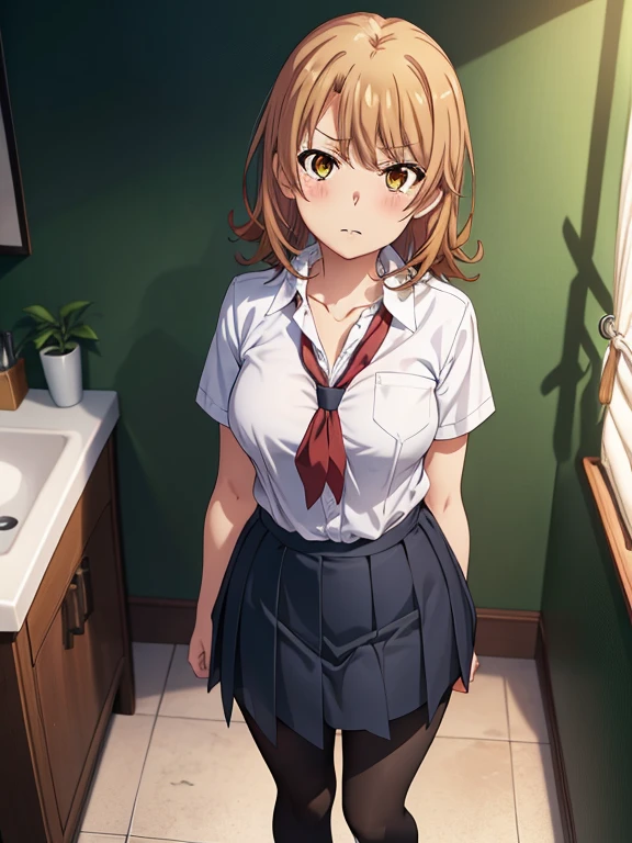 ((masutepiece, Best Quality, hight resolution, nffsw, Perfect Pixel, depth of fields, 4K, )), 1girl in, Solo, , Beautiful anime girl, Beautiful Art Style,
standing:1.3, bathroom background, Looking at viewer.
Perfect body, serious face, show teeth, front facing:1.4,
isshiki iroha, medium breasts, Full face blush, black stockings, school uniform:1.3,
straight-on:1.3, medium shot