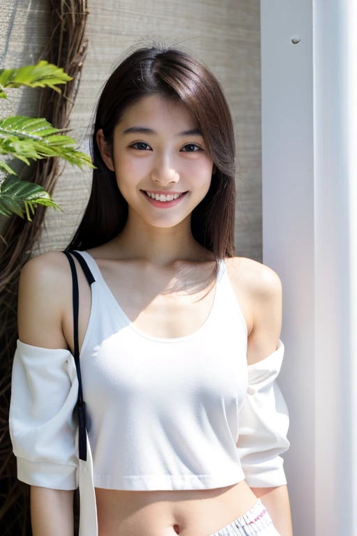 20 year old Japanese woman　beauty　smile　headphone　look outside　White tank top　slender