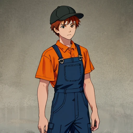 human Male , wearing Orange hat , Brown cap hair, overall Pants , 