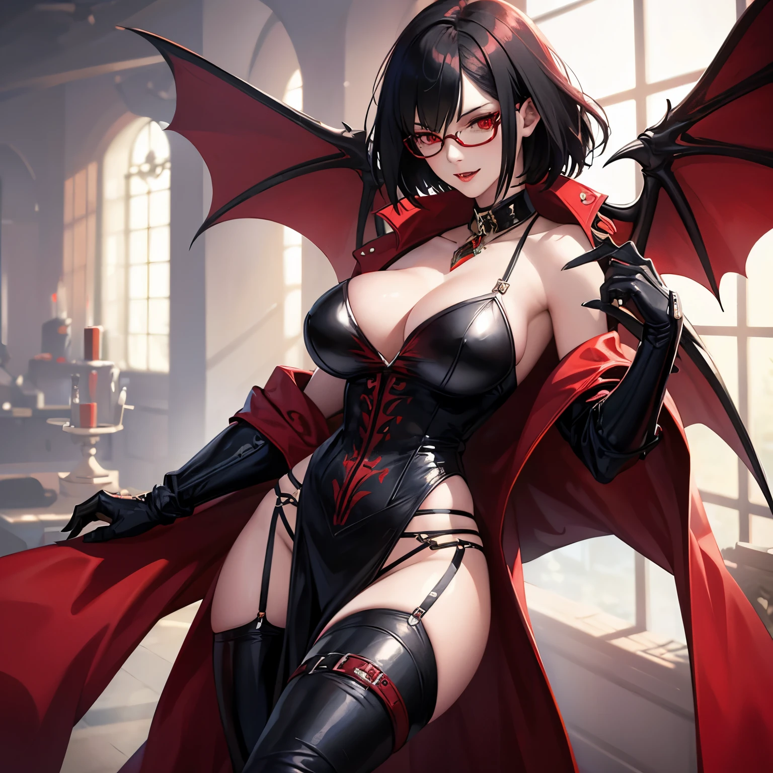 Young Female, Vampire, Black Hair, Short Hair, Red Eyes, Glasses, high-res portrait, Vibrant Colors, soft lighting, Trench Coat, Open Breast Tea, Mischievous, Gauntlets, Confident Expression, Vampire Fangs, 3D, Realistic, HDR, Very Detailed, HD, Background, Masterpiece