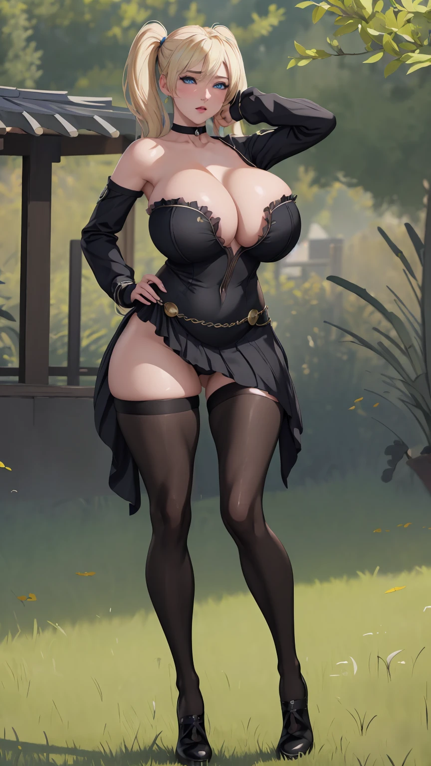 masterpiece, best quality, extremely detail 8k cg, high resolution, 1girl, narukouzumaki, twintails, wisker marks, blonde hair, blue eyes, perfect eyes, slim body, gigantic breasts, bursting breasts, lacasindress, black thighhighs, cleavage, outdoors, garden, beautiful face, full shot photo, full body