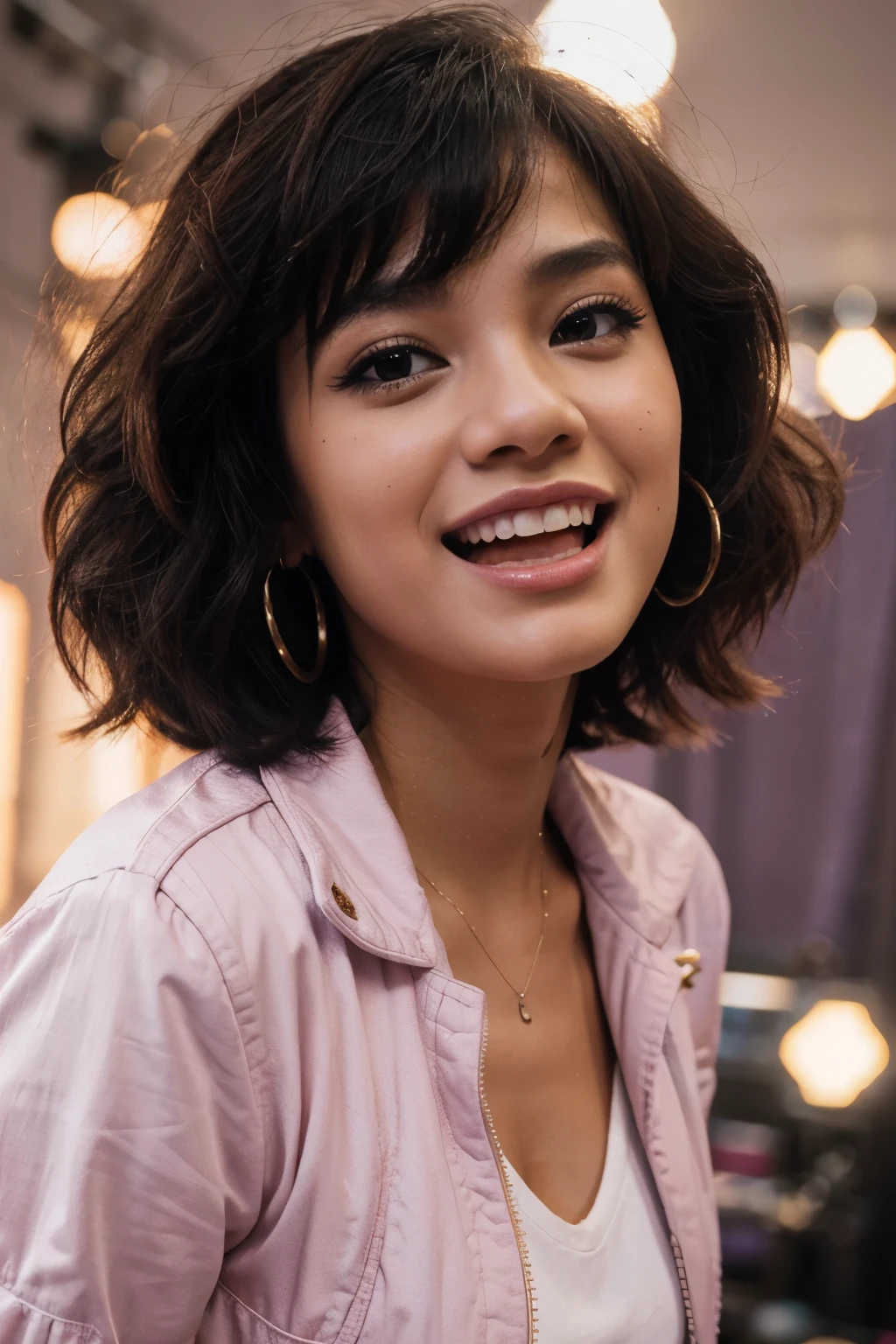 1980s indonesian cute skinny female vocalist, 18yo, close up, laughing, open mouth, look up, stunning make up, sensual, sexy, hot, 1980s white clothes, purple jacket, vintage, 1980s short hair crimped bangs style, studio photo, 1980s music cover, pink fire background, epic, artistic, detailed, 4k