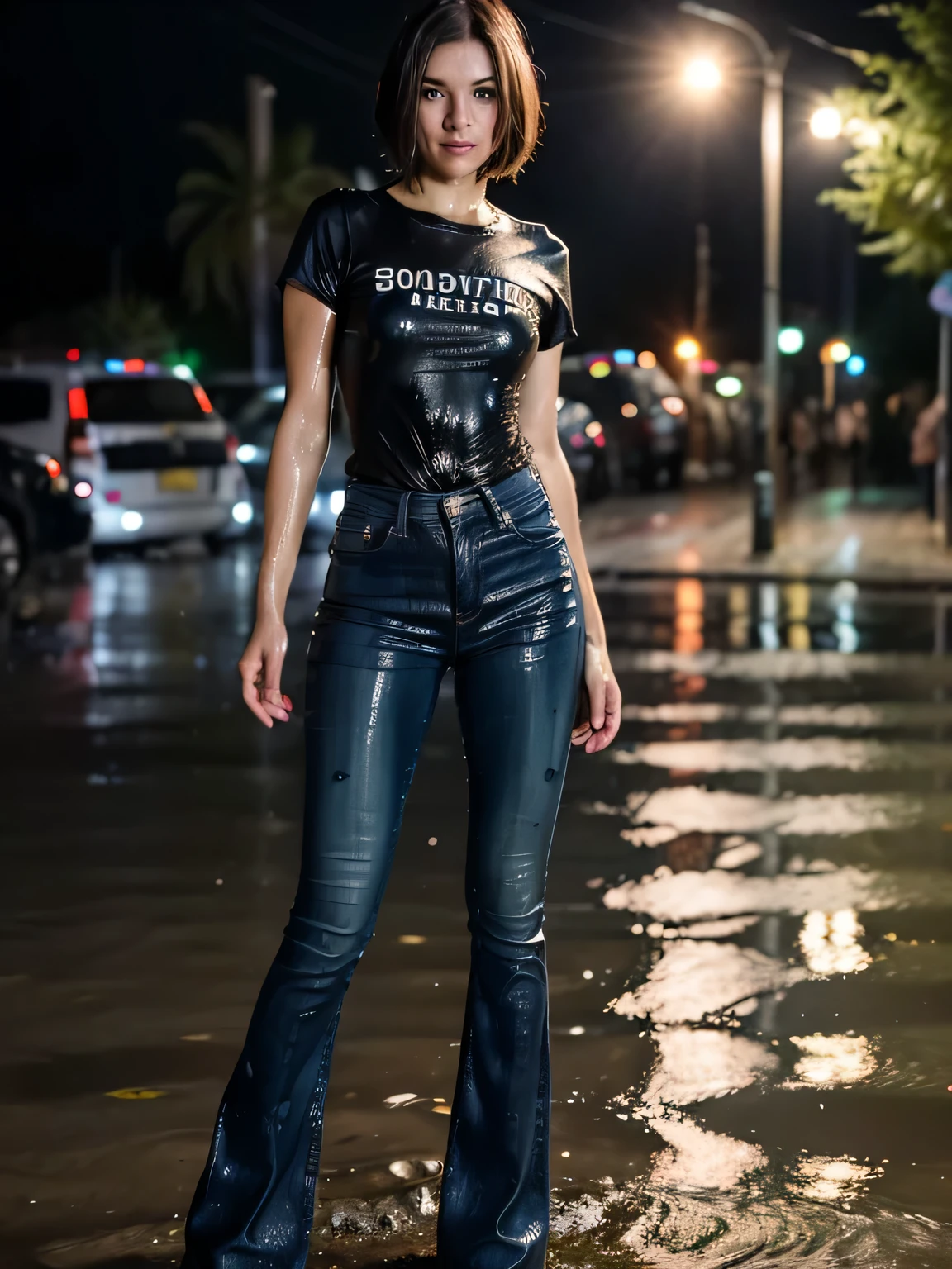 (Wide flares on jeans:1.2), (Water-soaked clothing:1.17), (Best Quality,high resolution,bokeh:1.2),two woman,Pronounced wrinkles,Bob haircut,Detailed eyes and face,tshirt,(standing:1.0),(gloomy ecstasy:1.1), Posing, standing outside in the rain, SoakingWetClothes, black high heel pumps, show heels, jeans are wrinkled from wetness, show heels