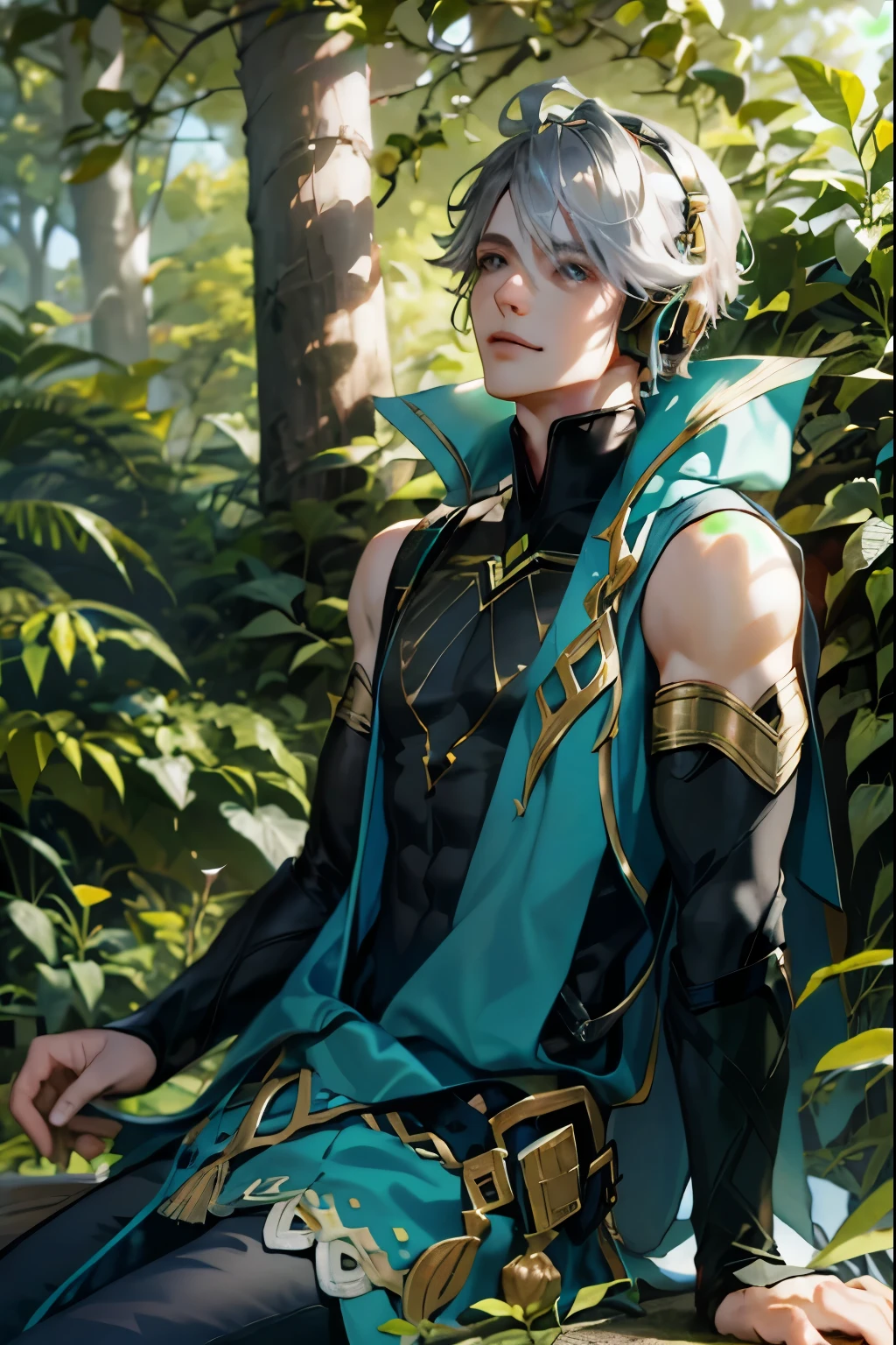 1 adult male solo, grey hair, dark teal eyes, alhaitham genshin impact, black sleeveless top, separate black sleeves, dark pants, long fingerless gloves, teal and gold headphones, happy smile, shiny eyes, sitting outside in the forest, flowers everywhere, wearing flower crown, iridescent sun light, sunny day