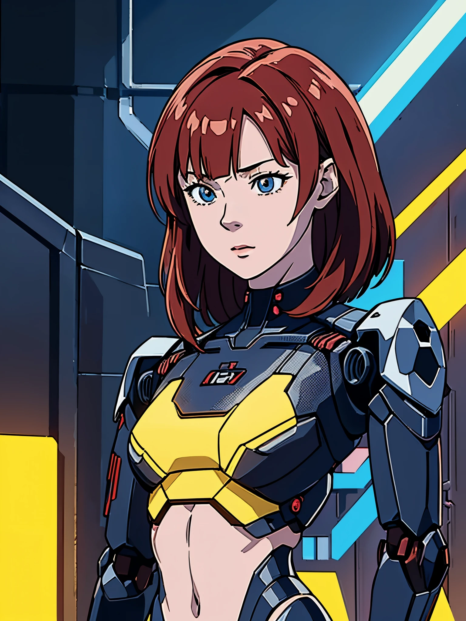 digital art drawing, illustration of (Winter from k-pop group aespa, short red hair with bangs, brown eyes, flat chest, cyborg girl, android, droid, mechanical fusion, exoskeleton, one metal robotic arm, evil look, wires and cables connecting to the head, neon details, cyberpunk 2077), anime drawing/art, bold linework, illustration, digital art, masterpiece, flat illustration, no shadows, 8k resolution, high detail, vector art, only anime, perfect eyes, perfect hands, perfect fingers, sharpness, high clarity, medium shot, high fidelity
