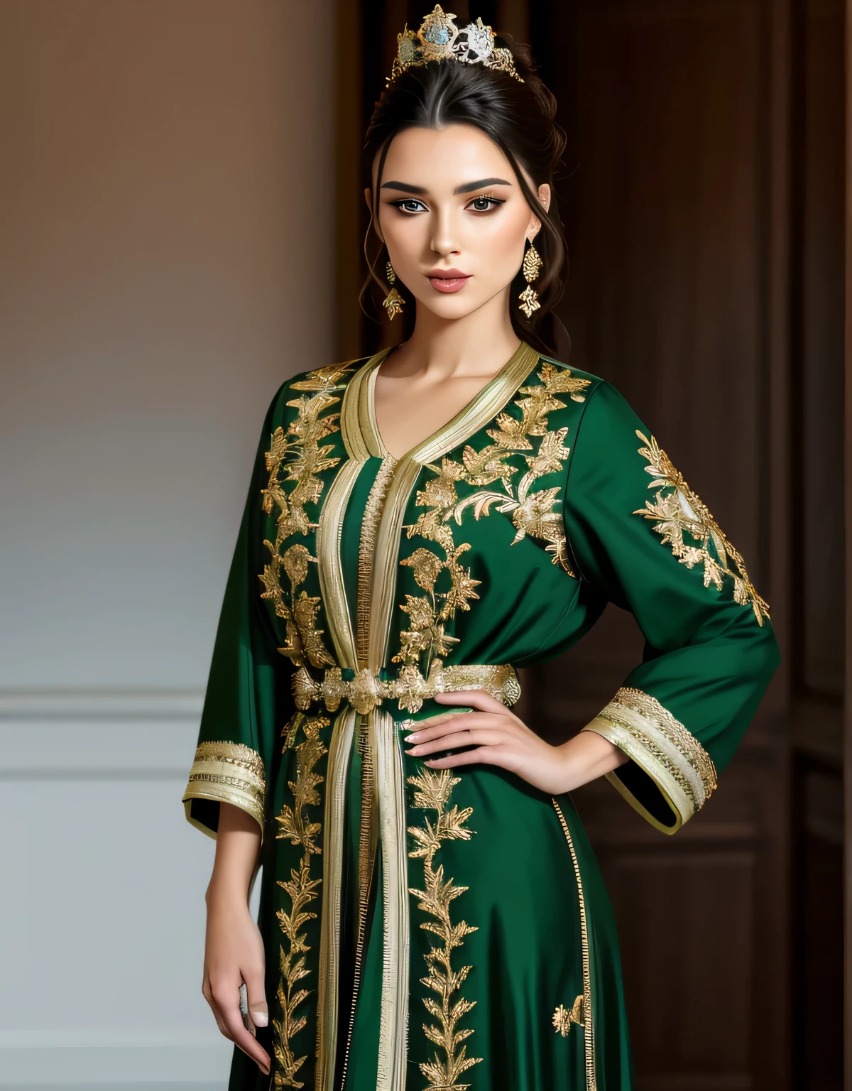 4k, chef-d'artwork, High resolution, absurdes, Souriant,beau mod aux cheveux noirs marrons_femme, mise au point du visage , Haute_Couture,porter une Haute_Green designer haute couture dress, portrait, Models parfait_corps,