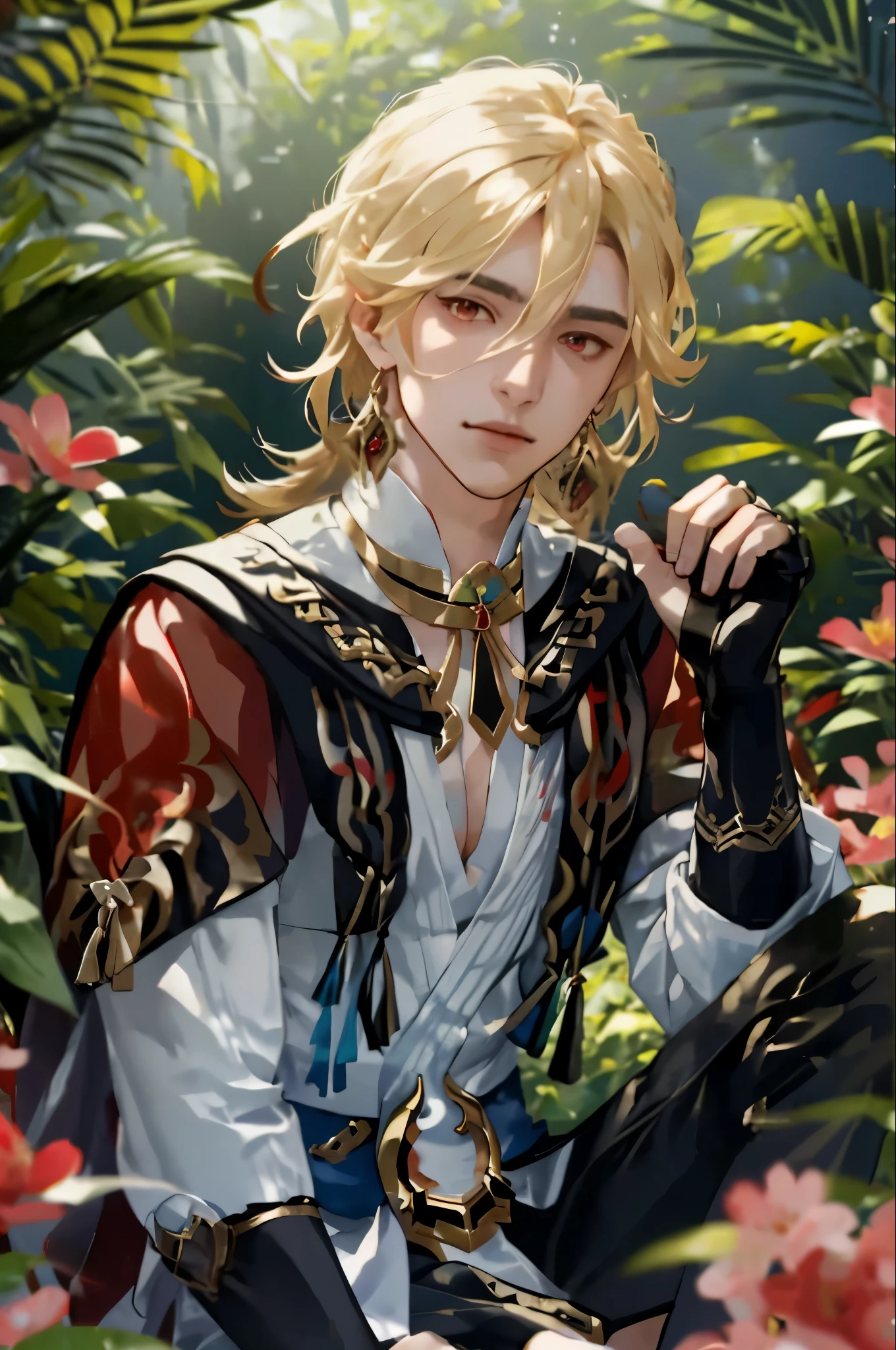 1 adult male solo, blond hair, ((red eyes)), kaveh genshin impact, white top, red and black embroidered details, golden accessories, dark pants, fingerless gloves, feather hair ornament, soft smile, shiny eyes, sitting outside in the forest, flowers everywhere, iridescent sun light, sunny day