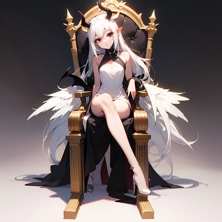 Fair skin. Succubus. Long white hair. Long white wings. White demon tail. Black eyes. White revealing dress. Sitting on a throne 