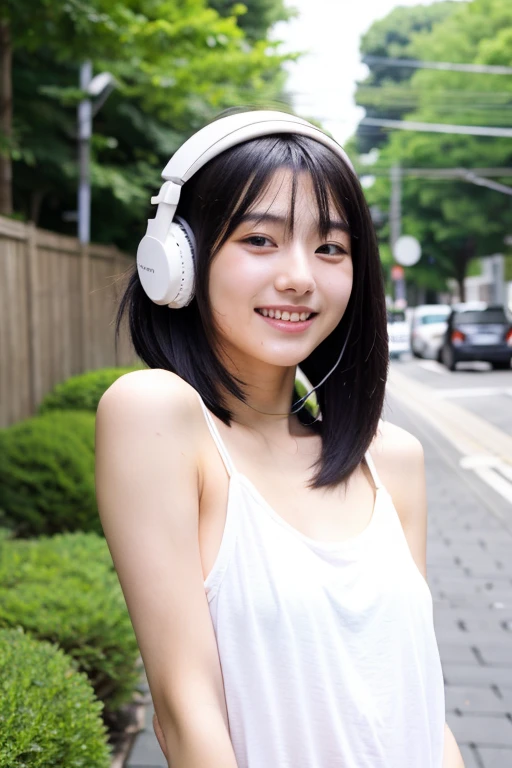 20 year old Japanese woman Short black hair smile headphone garden White tank top