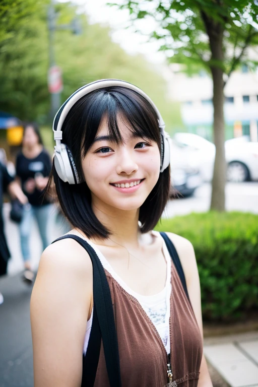 20 year old Japanese woman　Short black hair　smile　headphone　garden　