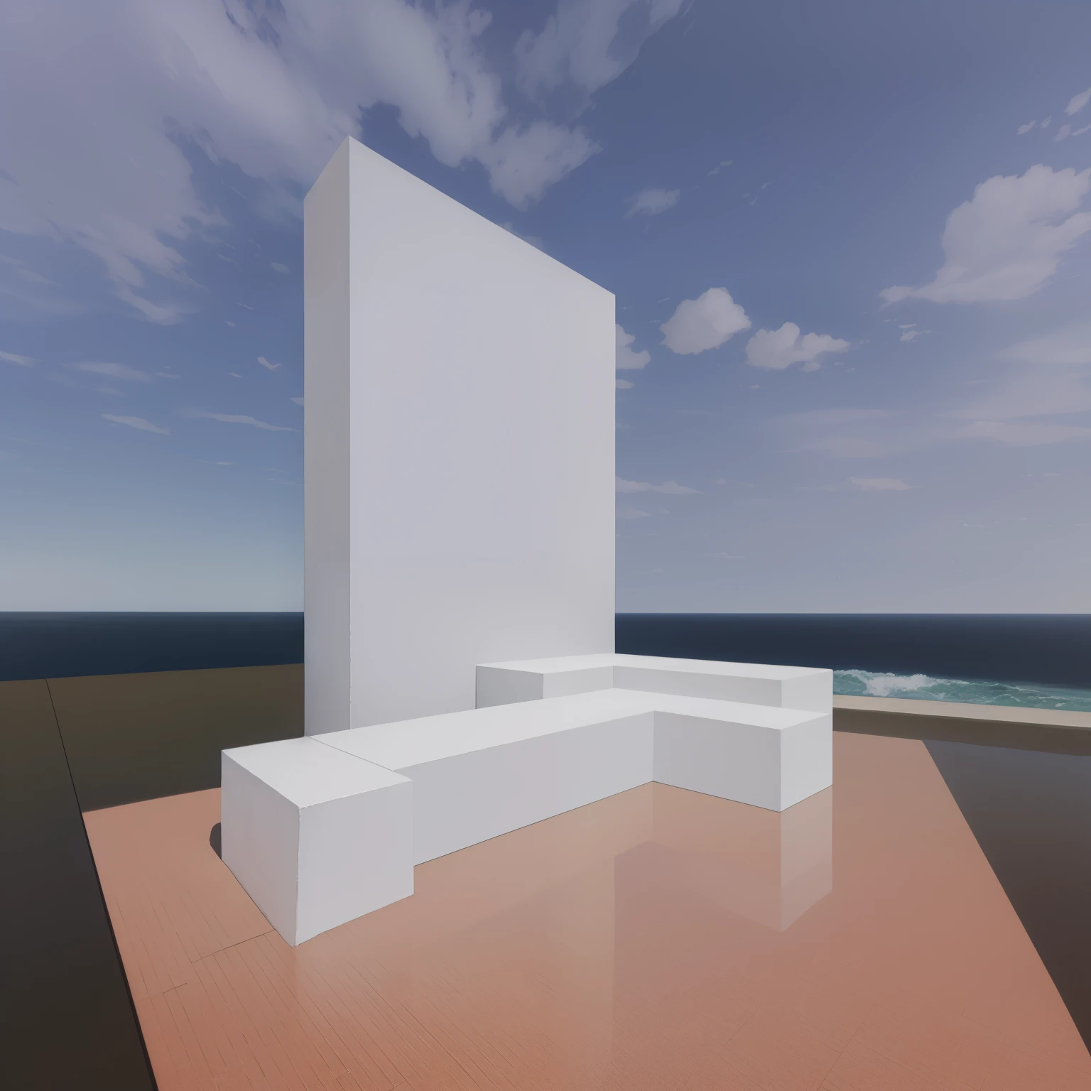 there is a white bench sitting on a red platform in front of a building, next to the reflecting ocean, rendered in pov - ray, rendered in unreal, rendered in rtx, architecture render, screen space reflections, rendered on unreal 3 d, rendered in unrealengine, rendered in enscape, low angle dimetric rendering, perspective 3 d octane render, octane render aesthetic
