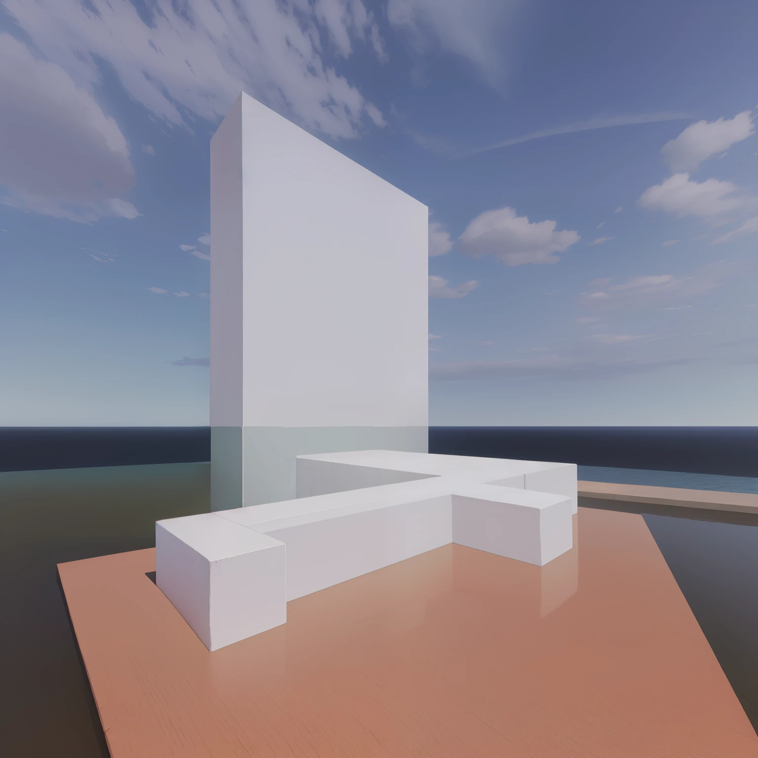 there is a white bench sitting on a red platform in front of a building, next to the reflecting ocean, rendered in pov - ray, rendered in unreal, rendered in rtx, architecture render, screen space reflections, rendered on unreal 3 d, rendered in unrealengine, rendered in enscape, low angle dimetric rendering, perspective 3 d octane render, octane render aesthetic