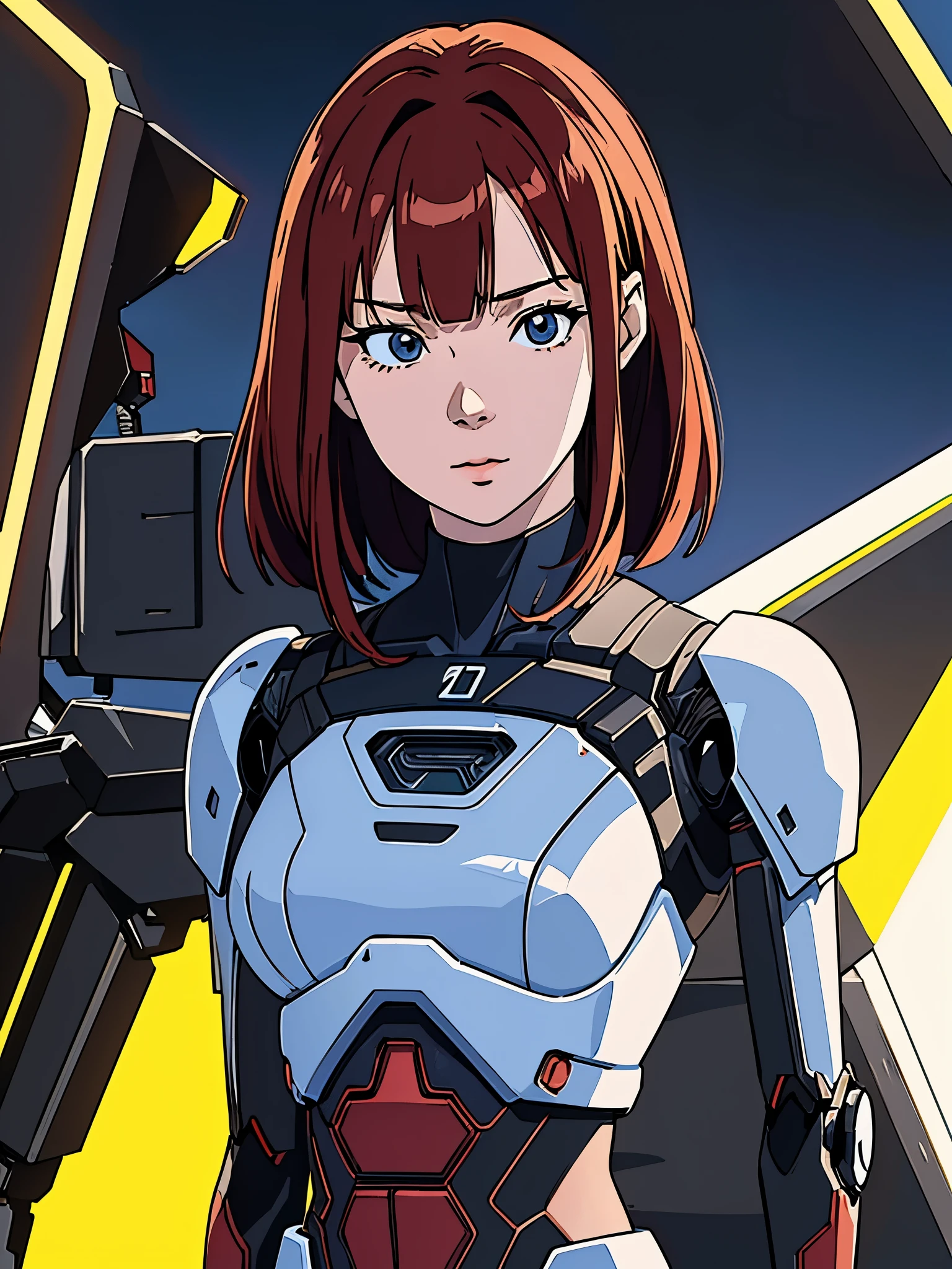 digital art drawing, illustration of (Winter from k-pop group aespa, short red hair with bangs, brown eyes, flat chest, cyborg girl, android, droid, mechanical fusion, exoskeleton, metal robotic arms, evil look, wires and cables connecting to the head, neon details, cyberpunk 2077), anime drawing/art, bold linework, illustration, digital art, masterpiece, flat illustration, no shadows, 8k resolution, high detail, vector art, only anime, perfect eyes, perfect hands, perfect fingers, sharpness, high clarity, medium shot, high fidelity
