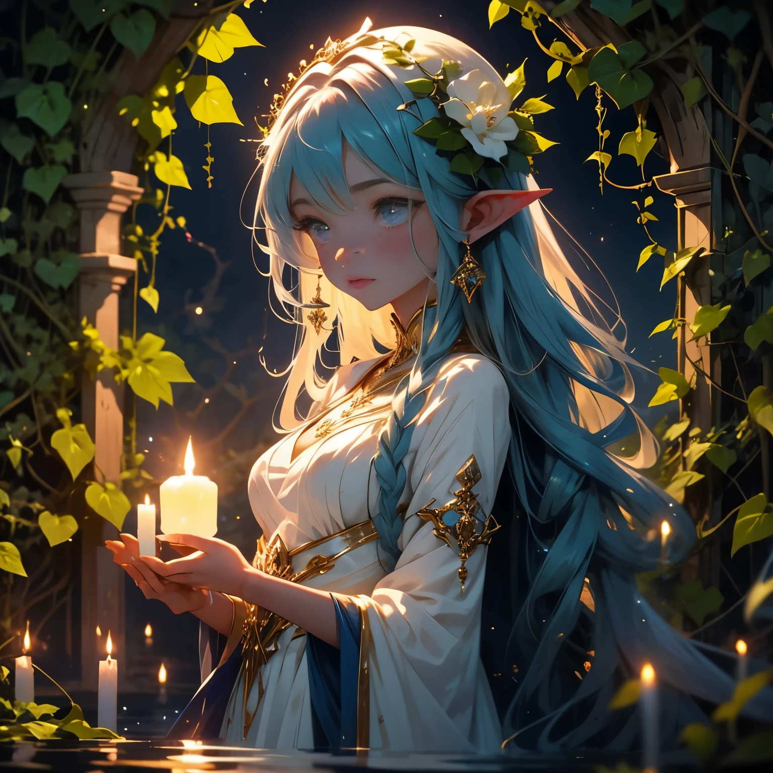 A moon elf maiden undergoes a cleansing ritual where tentacles of flowered ivy and vines caress and clean her under a moonlit sky