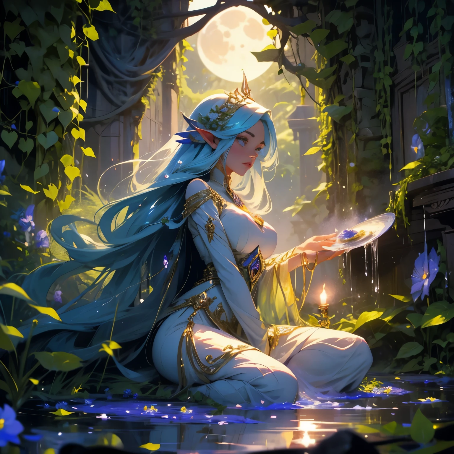 A moon elf maiden undergoes a cleansing ritual where tentacles of flowered ivy and vines caress and clean her under a moonlit sky 