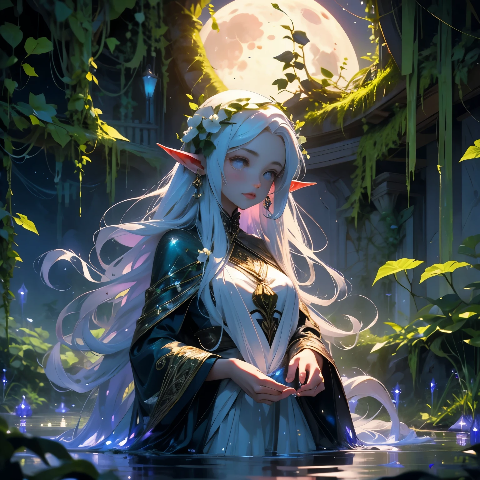 A moon elf maiden undergoes a cleansing ritual where tentacles of flowered ivy and vines caress and clean her under a moonlit sky