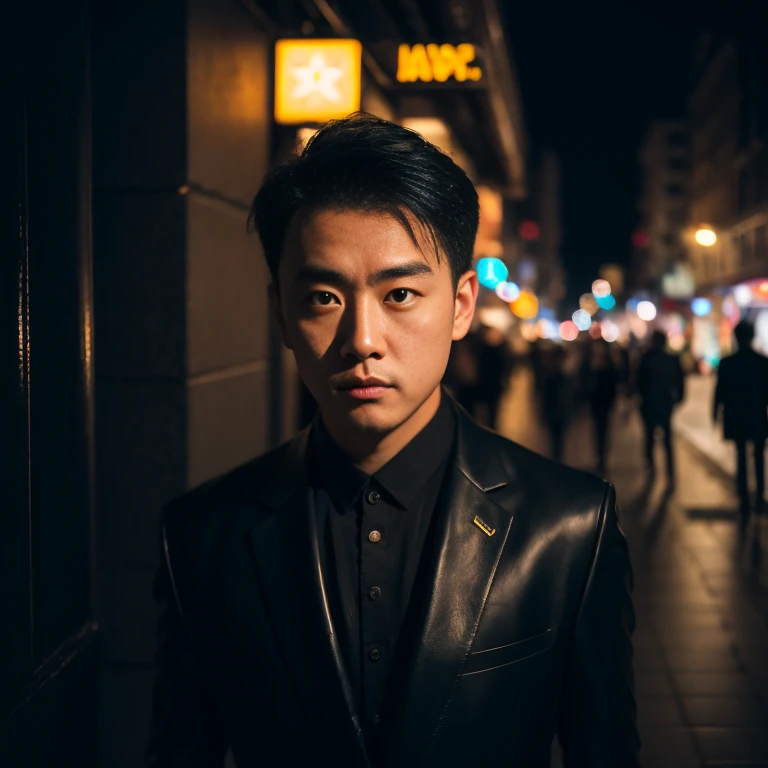 Asian man looking straight into the street at night, Modern shiny black leather suit, Exaggerated colors, 8K images, Shot with a high quality camera with 45000000000 pixels.