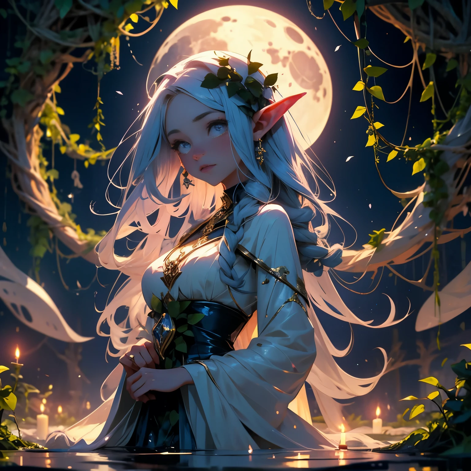 A moon elf maiden undergoes a cleansing ritual where tentacles of flowered ivy and vines caress and clean her under a moonlit sky